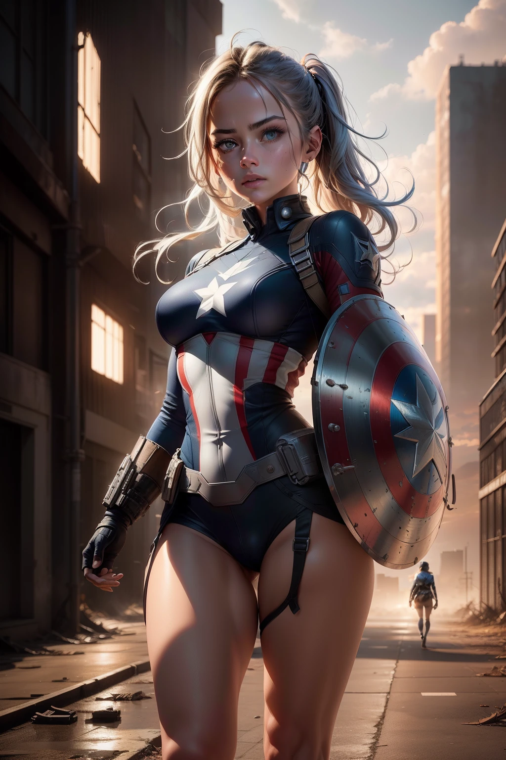 (1girl:1.3), only, __Body Parts__, Official Art, Unified Wallpaper 8k, super detailed, Beautiful and Aesthetic, beautiful, master piece, best quality, ...RAW, master piece, super fine photo, best quality, super high resolution, photorealistic realism, sunlight from the ground, full body portrait, amazing beauty, dynamic pose, delicate face, vibrant eyes, (from the front) she is wearing a captain america suit, blue color scheme and white , Star Symbol, captain america shield, Very detailed abandoned warehouse background, Detailed face, detailed complex busy background, Messy, gorgeous, milky white, highly detailed skin, Realistic skin details, visible pores, sharp focus, volumetric fog, 8k UHD, DSLR, high quality, filmic grain, light skin, photorealism, Lomography, huge metropolis in future dystopia, seen from below, translucent