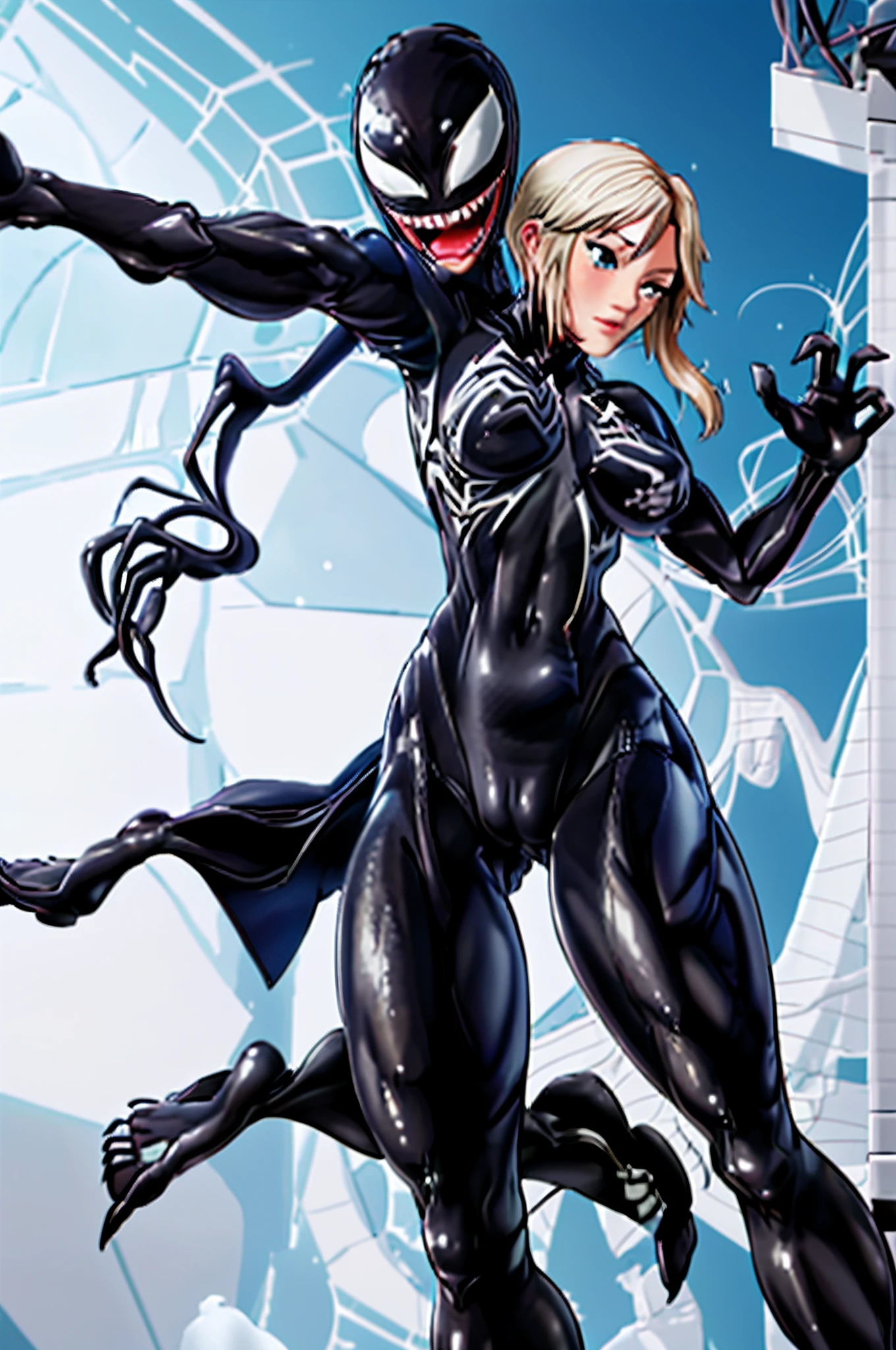 tmasterpiece,best qualityer,A high resolution,1人(femele),SH1,SpiderGwen,blond with short hair,mitts,full-body tights(black),There is only one mode(There is a white one on the chest&Large spider pattern),putting makeup on,standing on your feet,cow boy shot,(Tear clothes:1.2),(camel-toe, Vulvar shape:1.2),(Body parts, no extra limbs, precisely anatomy)