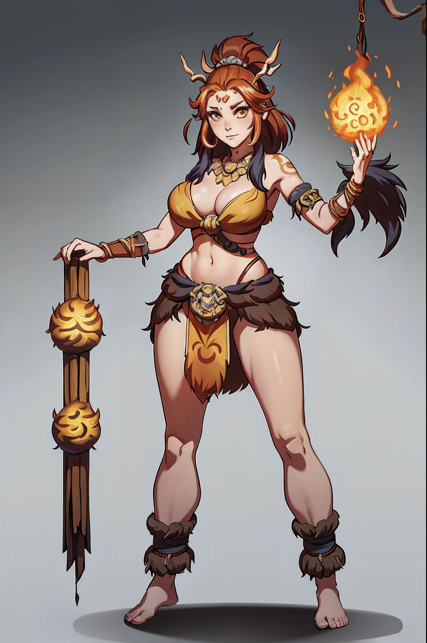 1个Giant Breast Girl、独奏，full bodyesbian，standing on your feet，Fire Tribe，simple backgound，Magical fantasy design，character concept design，Beautiful face and eyes，tmasterpiece，best qualtiy，Best resolution，high definition detail