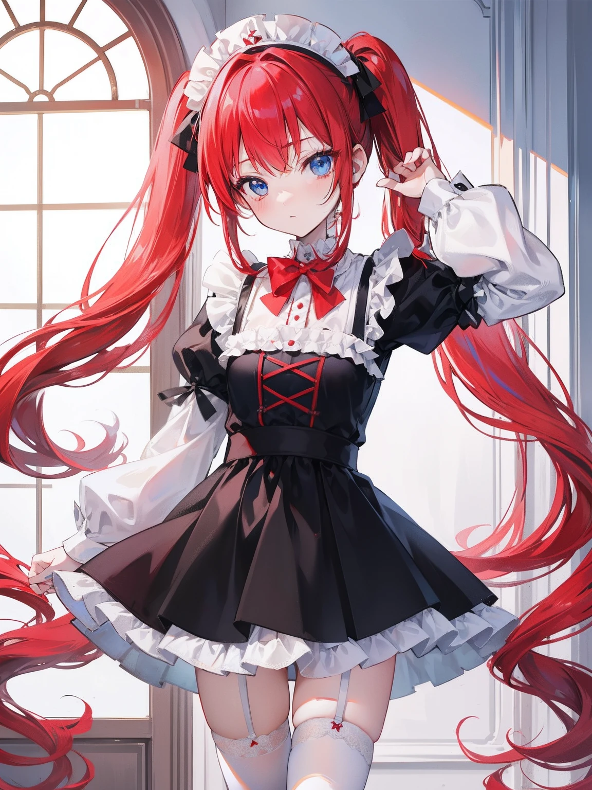 red hair,blue eyes,twintails,maid, long hair, long sleeves, gothic, solo, loli,Short skirt, white stockings,{{best quality}}, {{masterpiece}}, {{ultra-detailed}}, {illustration}, {detailed light}, {an extremely delicate and beautiful},little girl,cute,