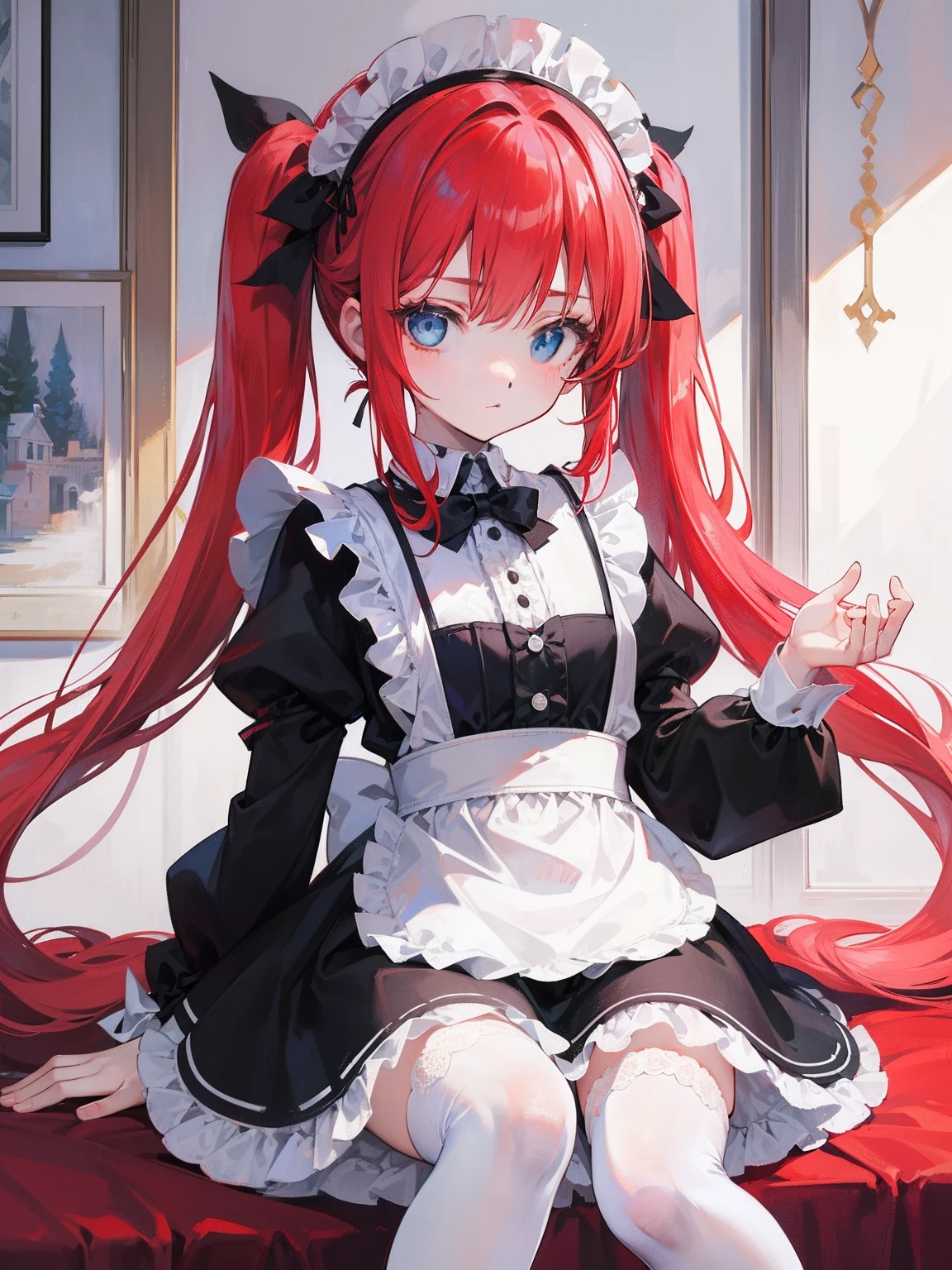 red hair,blue eyes,twintails,maid, long hair, long sleeves, gothic, solo, loli,Short skirt, white stockings,{{best quality}}, {{masterpiece}}, {{ultra-detailed}}, {illustration}, {detailed light}, {an extremely delicate and beautiful}, girl,cute,