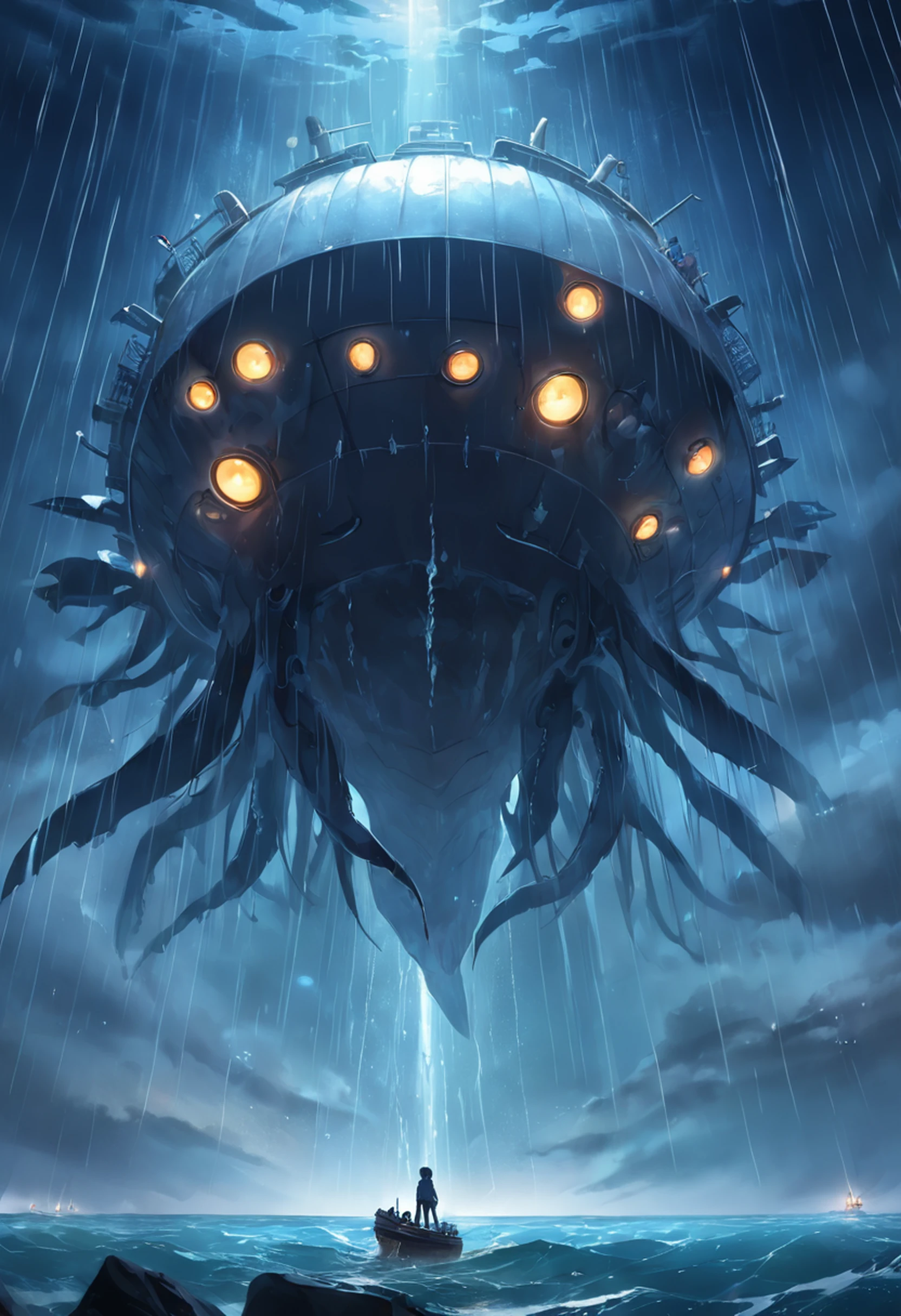 (extremely detailed CG unity 16k wallpaper:1.1), (Denoising strength: 1.45), (tmasterpiece:1.37), ((ultra-detailed)), (oil paint), It was raining hard at night, (thalassophobia), (Huge eyes), Only his head was above the water, (Monster), (Phobia of giant objects), (heavy fog), (ship), searchlight, You can't see the whole picture, (illustration), from below, god rays, sparkle, glowing light, ((best quality)), ((masterpiece))