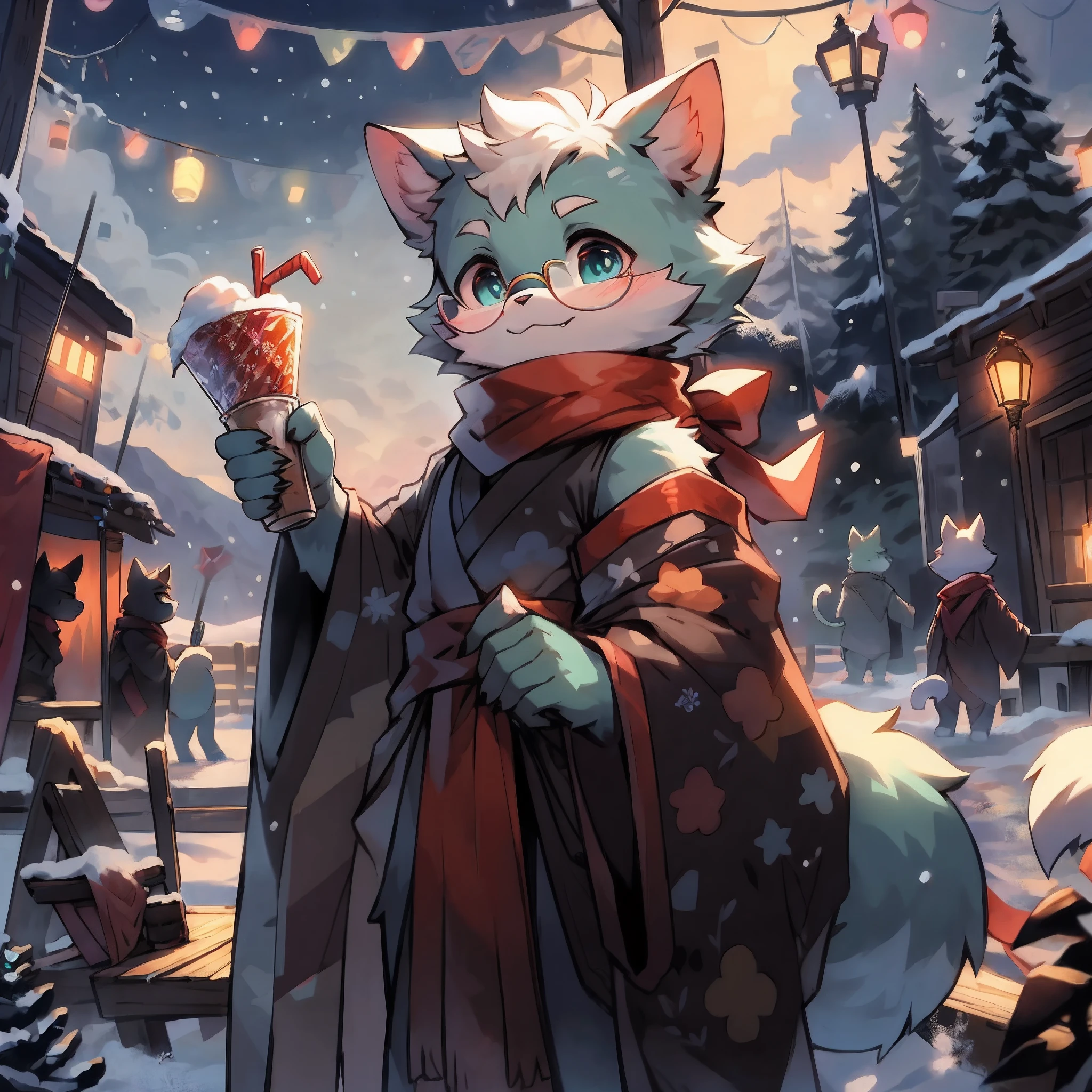 a fully grown and mature and aged adult cat with big circle glasses and a red scarf, the cat is very tall. a handsome cat fursona with teal fur color, the chest has white fur, white fur around mouth and cheeks, white hair, fluffy black cat ears, fluffy white neck, he is standing tall in a snowy place, looking up to the snowy sky with a bright smile. snowy landscape. bushy tail, and perked-up fluffy big ears, one ear is lowered. He wears a fluffy warm and cozy kimono, he is holding a warm cup of cacao in one hand and snacks in his other hand. he is walking through an alley full of vendors during a fireworks festival. His eyes are bright with wonder as he surveys the snowy woods outside the cabin, a lot of snowflakes fall down from the sky. The fully grown and mature and tall adult cat has a relaxed expression, ready to explore the outside world. the cat is tall. big trees covered by snow in the background, there are colorful fireworks in the snowy sky, there are steep and tall mountains in the background covered in snow, there are wooden houses in the background, It is sunset time and the perspective of view is zoomed out, with extremely detailed background