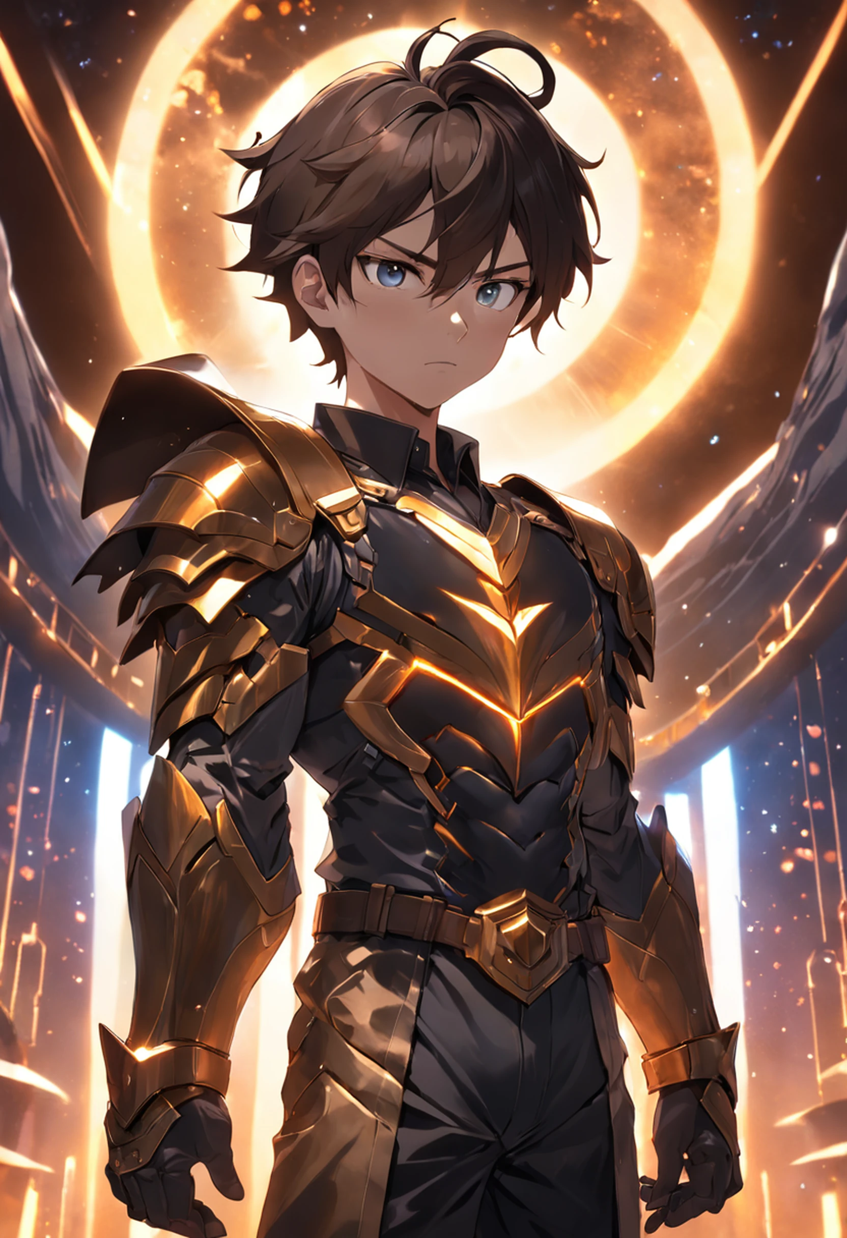 (extremely detailed CG unity 16k wallpaper:1.1), (Denoising strength: 1.45), (tmasterpiece:1.37), A guard wearing black overalls and a brown shirt, dressed in armor, god rays, sparkle, glowing light