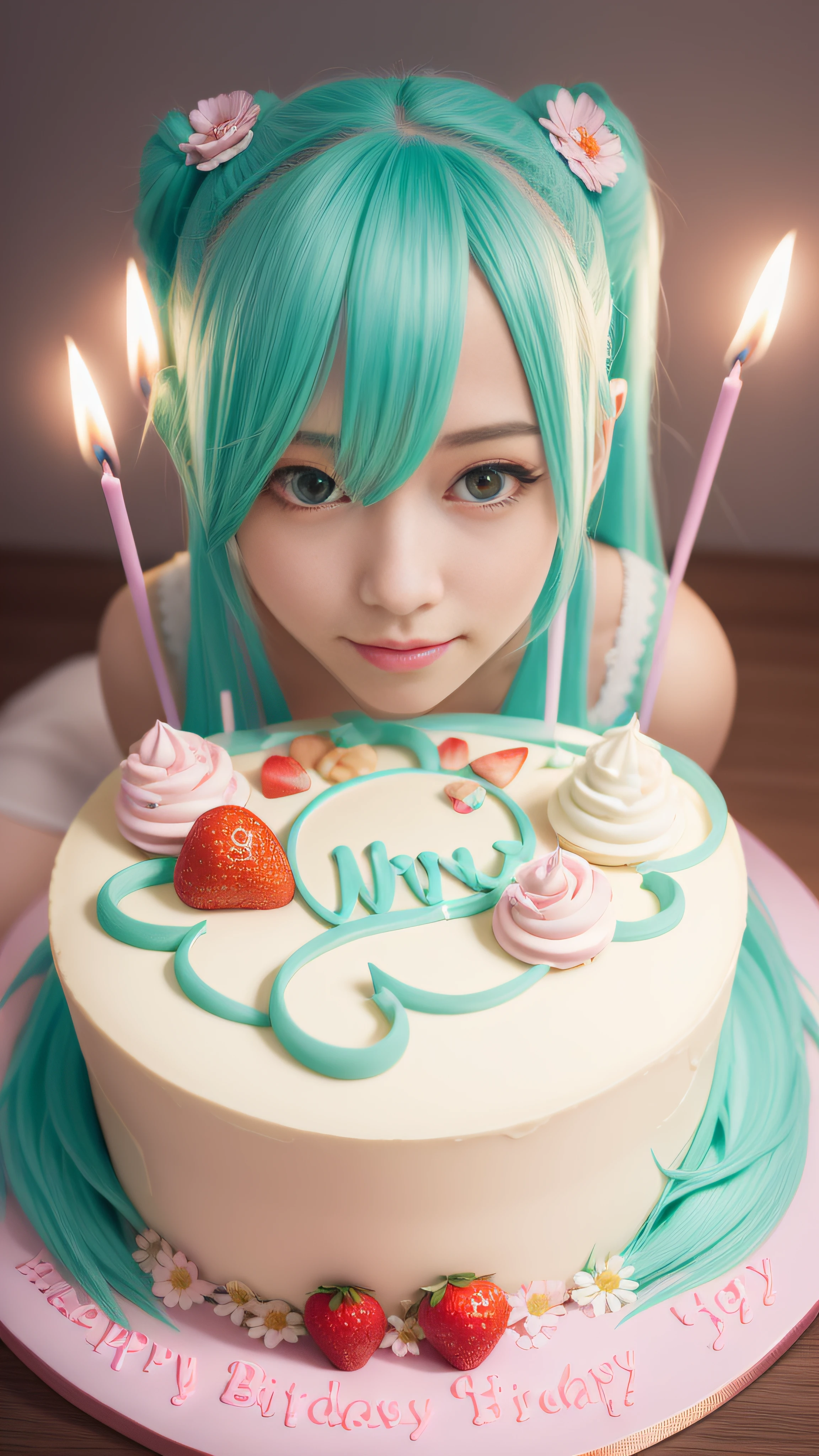 Hatsune Miku sits on a huge creamy birthday cake,The birthday cake is lit with colorful birthday candles,happy birthay,ssmile,exquisite facial features,Elaborate Eyes,Gentle and shy face,Peerless beautiful girl,Advancedsense,Hold the strawberry between the buttocks