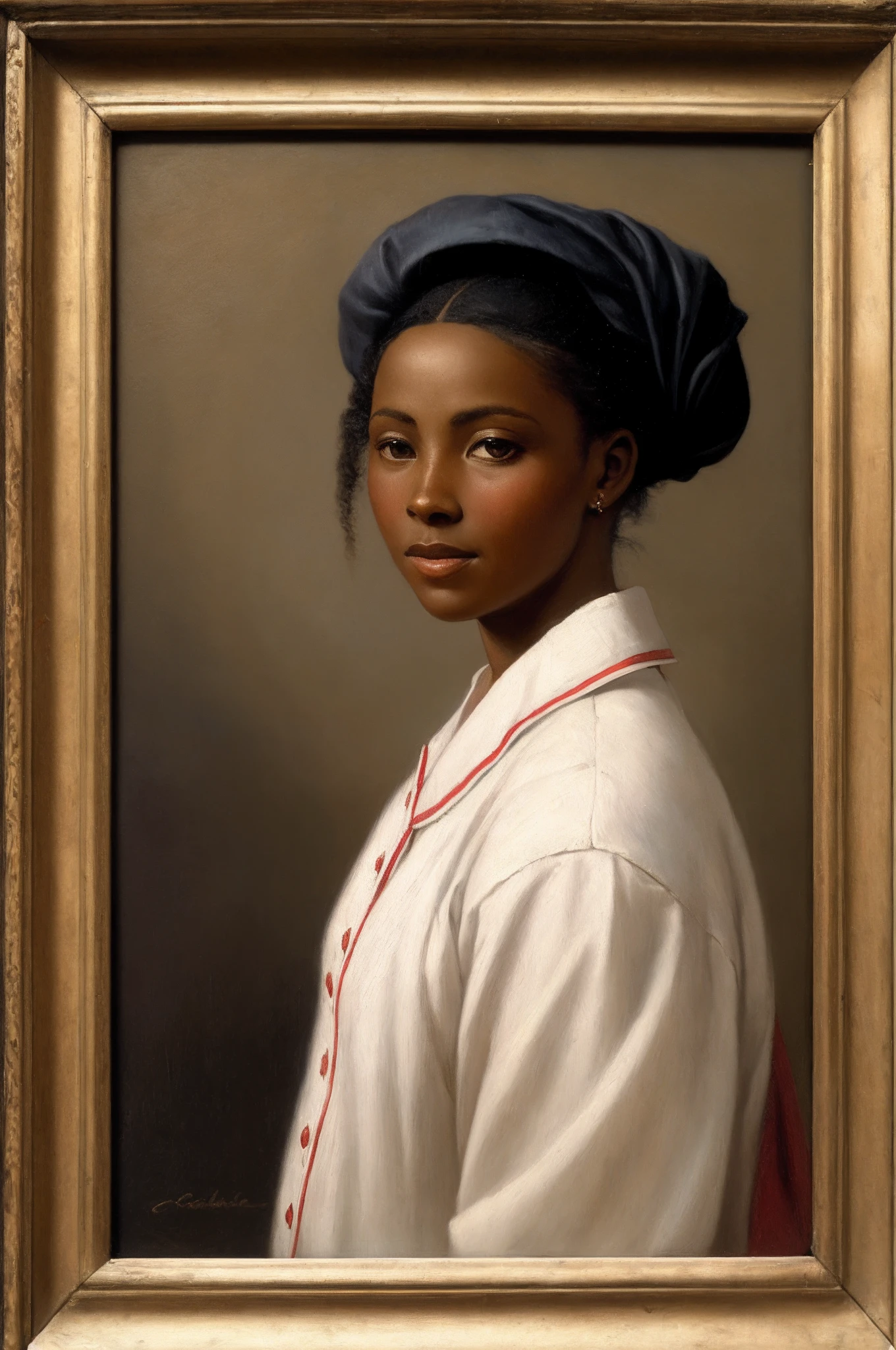 A woman of average height, cabelos ondulados escuros, olhos escuros, a dark skin of African descent, wearing old nurse clothes from the 19th century. Antique oil painting, 19th-century realist.