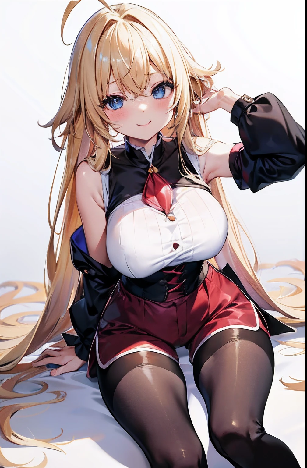 top-quality、kawaii girl、a blond、Long body、Soft hair、Ahoge、Fetishes、Black sleeveless blouse、Wine red shorts、tights、boots、full bodyesbian、kindly smile、adolable、Large breasts、Curve、Naughty thighs、Blue eyes、white backgrounid、girl with、kawaii、a smile、