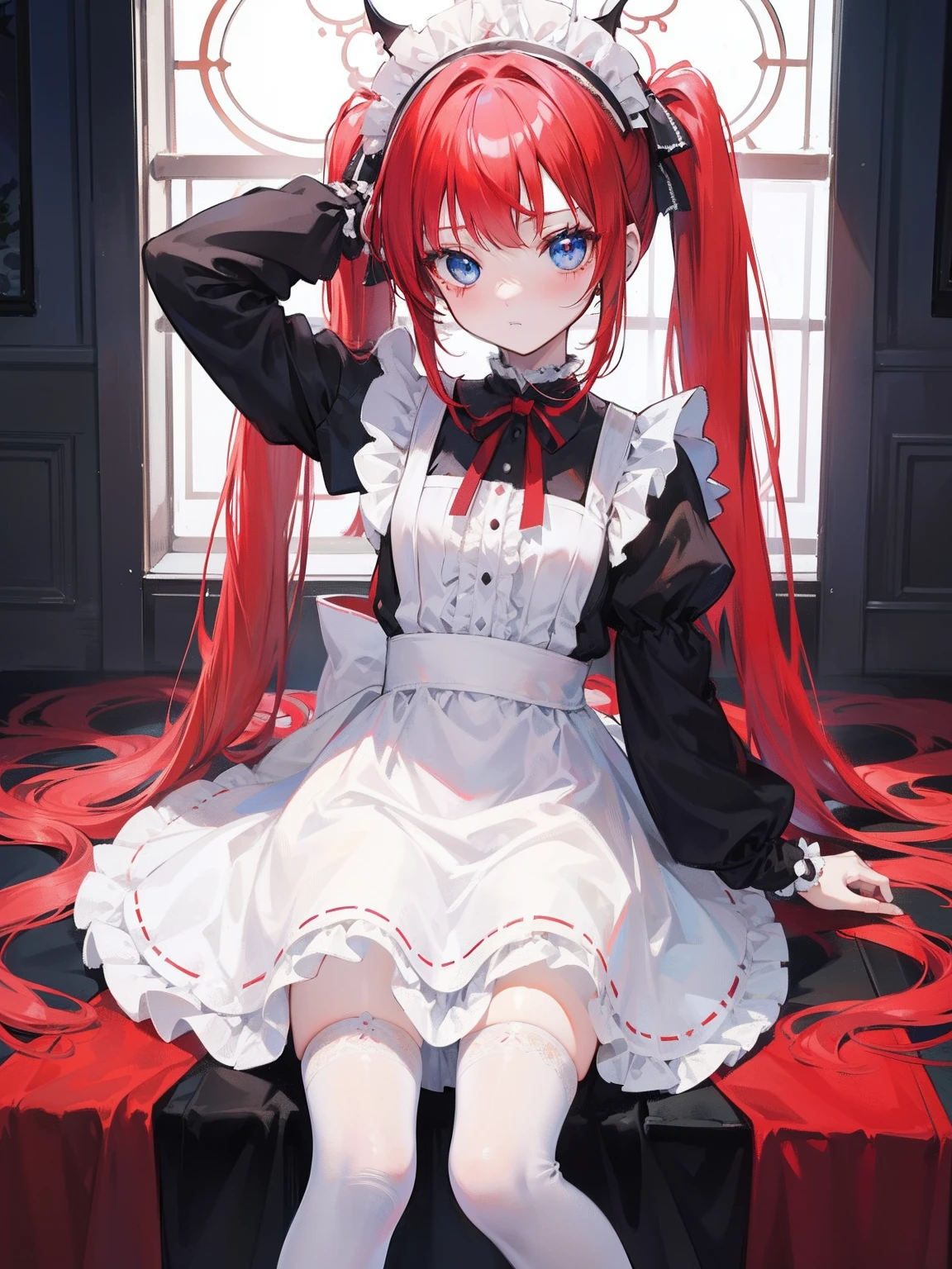 red hair,blue eyes,twintails,maid, long hair, long sleeves, gothic, solo, loli,Short skirt, white stockings,{{best quality}}, {{masterpiece}}, {{ultra-detailed}}, {illustration}, {detailed light}, {an extremely delicate and beautiful},little girl,cute,