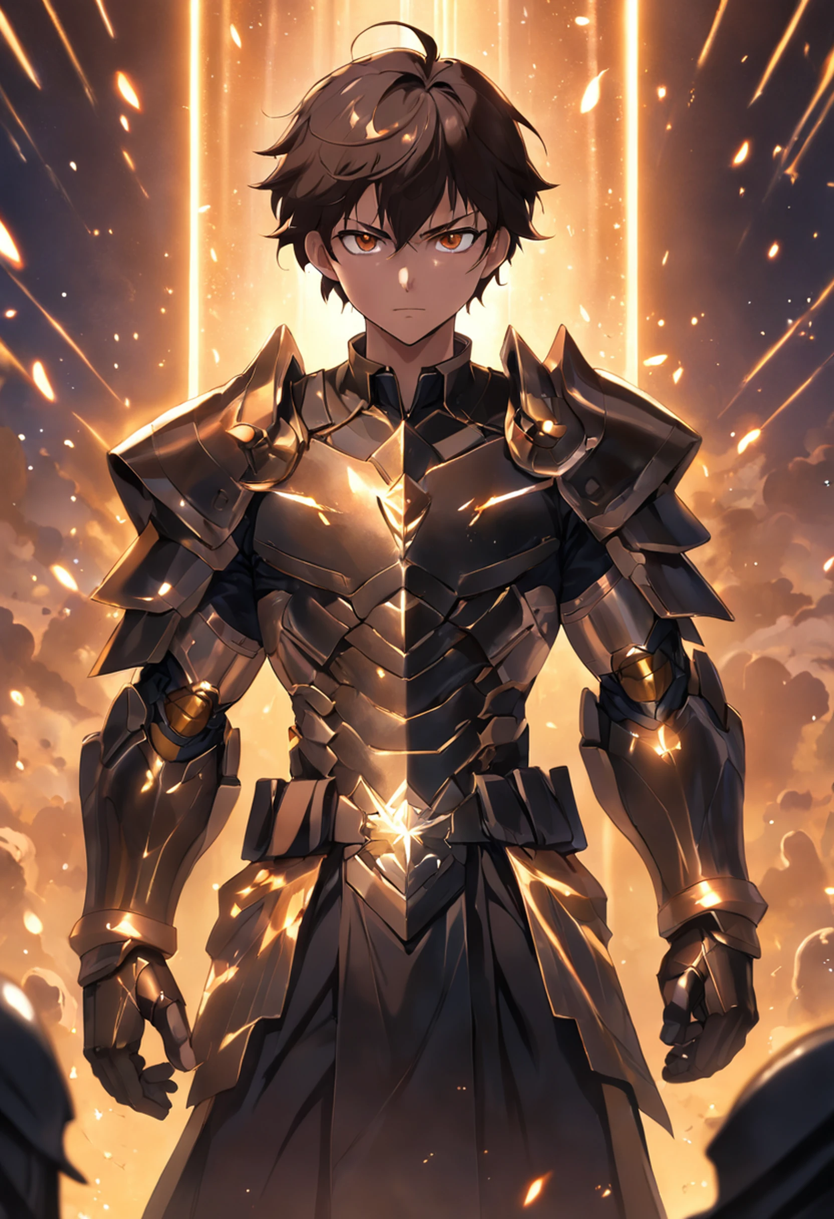 (extremely detailed CG unity 16k wallpaper:1.1), (Denoising strength: 1.45), (tmasterpiece:1.37), A guard wearing black overalls and a brown shirt, dressed in armor, god rays, sparkle, glowing light