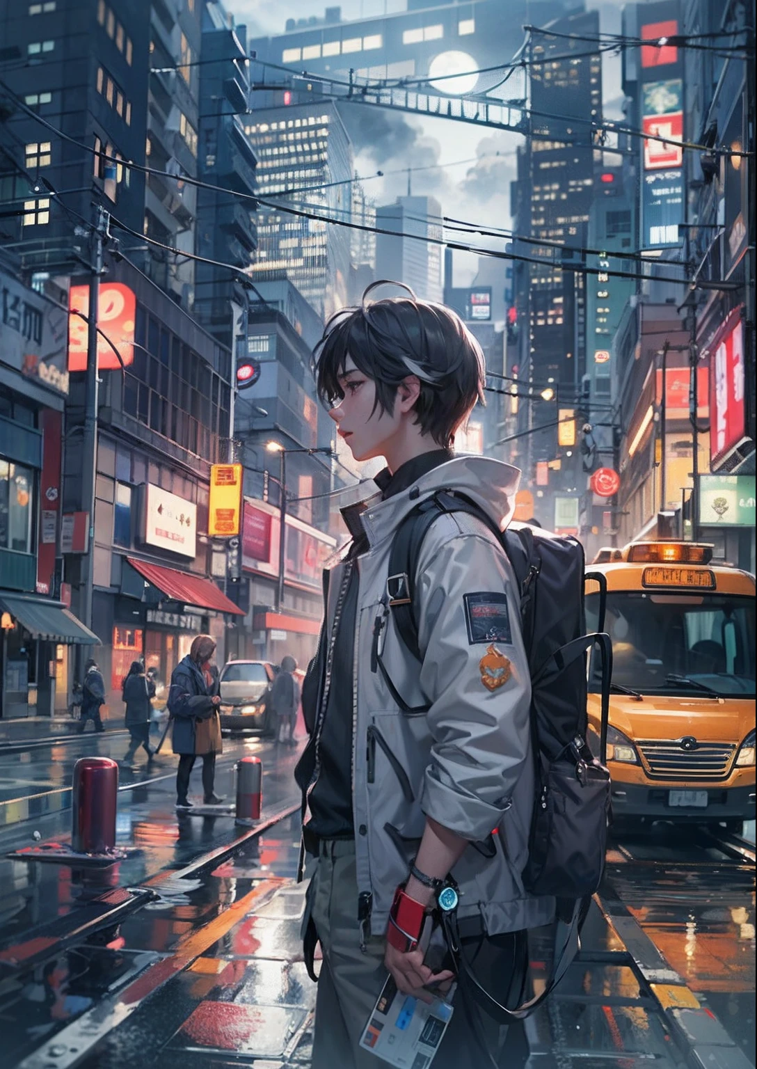 1boy,12 only、FULL BODYSHOT、The beginning of the adventure、Very dark sky、Lots of clouds,heavy fog、starrysky、Big Moon,Chaotic city of the future、dystopian、blimp、A group of very tall skyscrapers stands in the center、High-brightness radio tower、Crowded skyscrapers、street signs、streetlights、taxis、buses、Train、Pretty dim lighting、Dark road、puddles、Chaotic、fantastic landscape、hightquality、masutepiece,in 8K、hight resolution、
