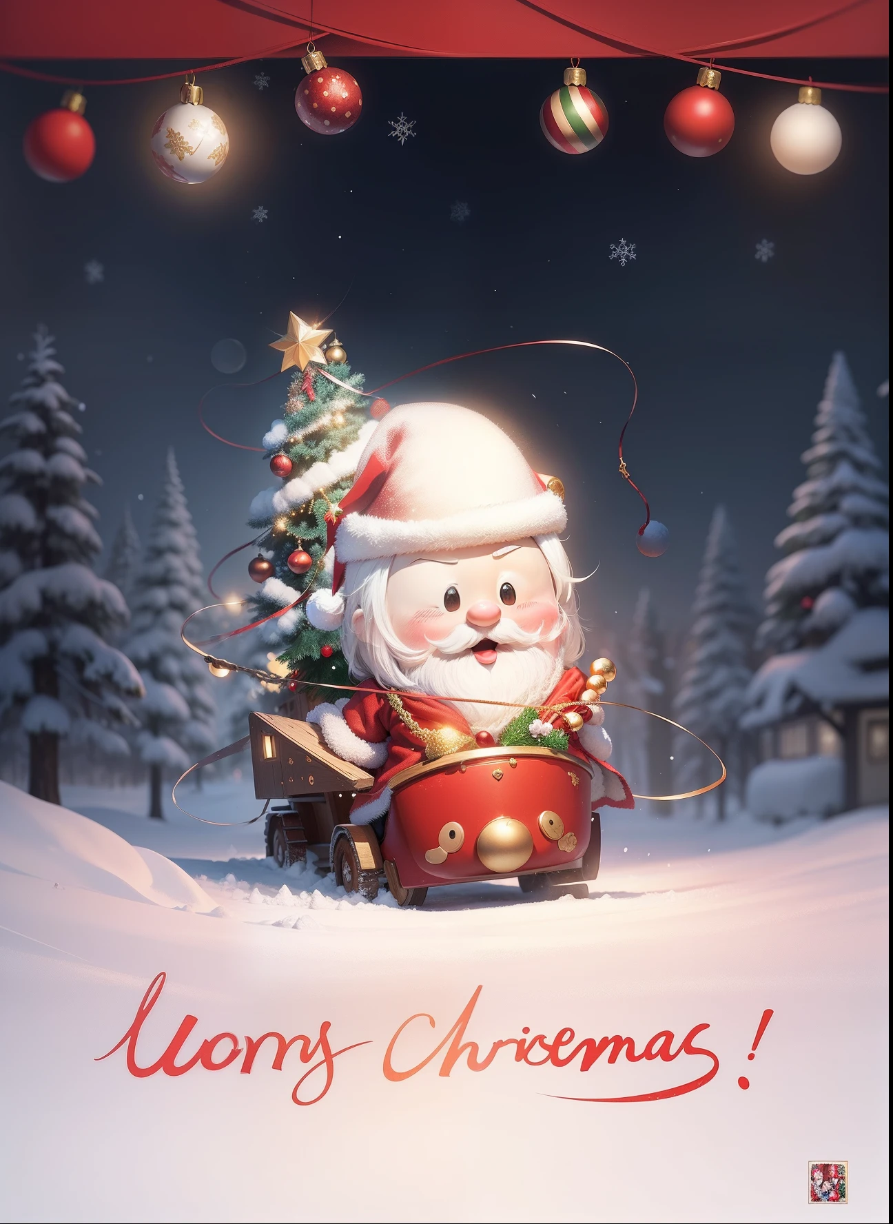 Imagine that,This Santa Claus poster is full of joy and warmth。Santa Claus is portrayed vividly,He wears a red coat、Red hat and white beard,Holding a bag full of gifts。
The background is a snow-white winter landscape,Snowflakes fall on lovely cottages in the forest,The interior of the house emits a warm glow through the light from the windows。The pine trees next to the cottage are covered with shining lights and Christmas decorations,Make the whole scene more dazzling。
There is also a group of happy children in the picture,They are looking forward to the arrival of Santa Claus。They wear brightly colored clothes,With a smile on your face,Christmas stockings and gift box in hand。
The whole poster gives warmth、Feelings of joy and well-being,As if the magic of Christmas accompanied the arrival of Santa Claus,It brings endless joy and blessings to people。
Let's celebrate this special holiday together,Share joy and love with family and friends!