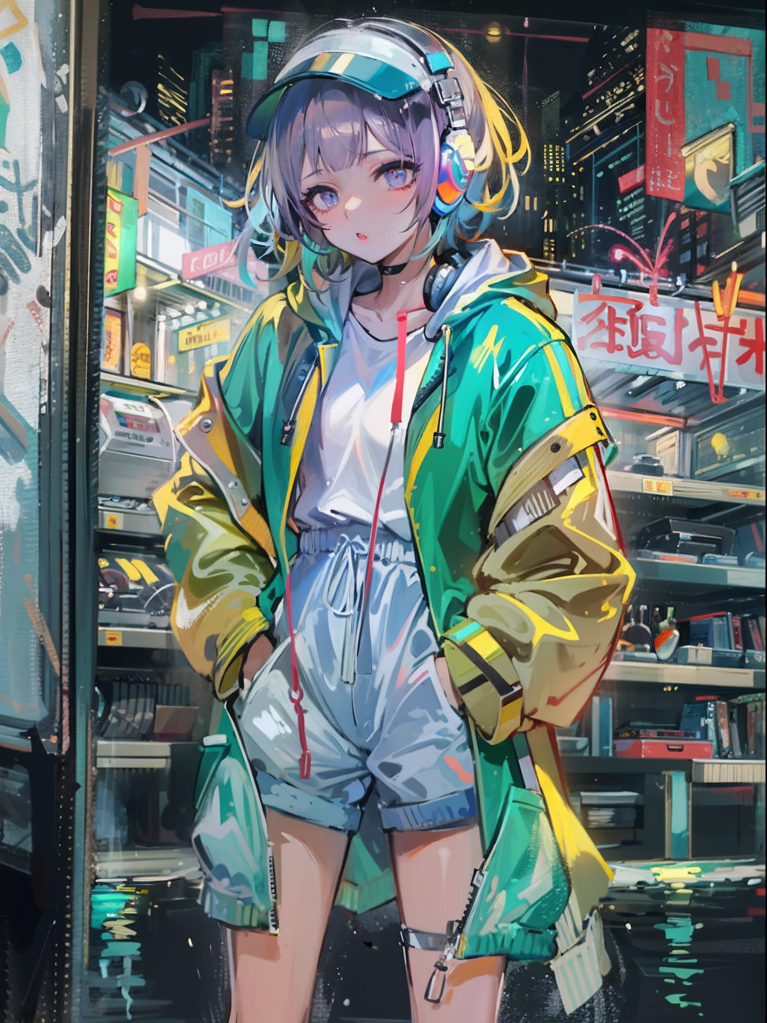 8K分辨率、((top-quality))、((masterpiece))、((ultra-detailliert))、1 woman、独奏、incredibly absurdness、Oversized hoodies、headphones、Street、plein air、Sateen、neons、Shortcut Hair、Brightly colored eyes、Hands in pockets、shortpants、water dripping