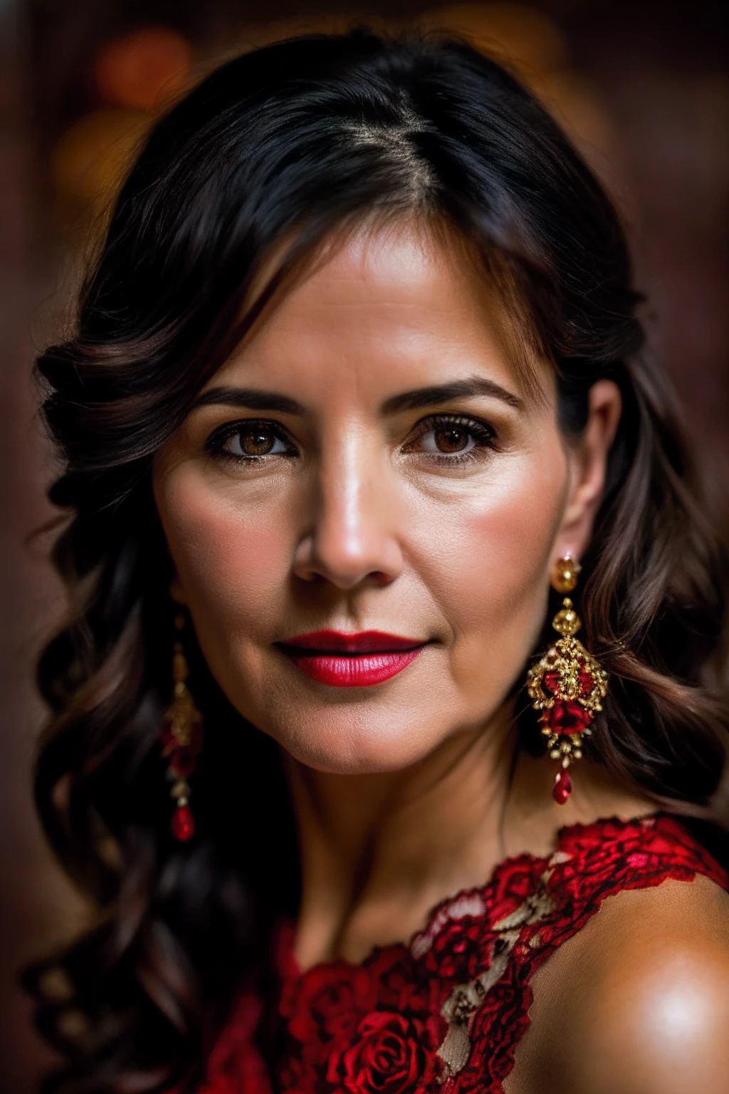 8k, RAW photo, Fujifilm, style photo of a beautiful 45 year old woman, square face, a red rose on the neck, wearing black lace dress with red, golden earrings, features like a maria padilla, (highly detailed skin: 1.2), medium brown loose hair with lights, film grain, 35mm, cute style
