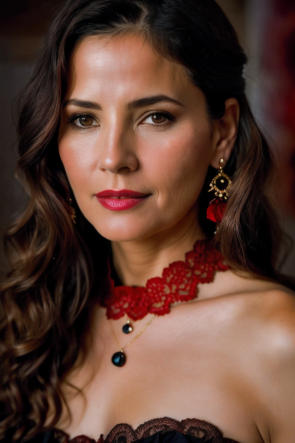 8k, RAW photo, Fujifilm, style photo of a beautiful 45 year old woman, square face, a red rose on the neck, wearing black lace dress with red, golden earrings, features like a maria padilla, (highly detailed skin: 1.2), medium brown loose hair with lights, film grain, 35mm, cute style