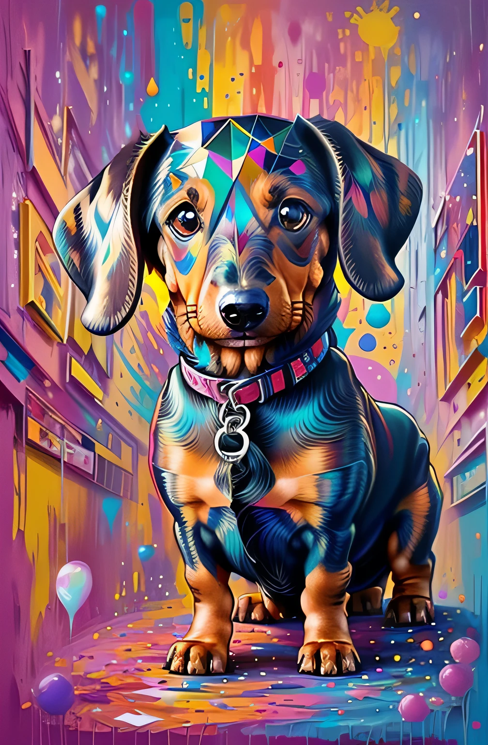 (dachshund ),(melhor pose),(best angle), (better expression), Eduardo Kobra acolchoamento ,multidimensional geometric wall PORTRAIT, arte, Chibi,
Yang08k, lindo, Colouring,
Primary works, qualidade superior, melhor qualidade, Arte Oficial, Beautiful and Aesthetic, pelos coloridos,drooping ears