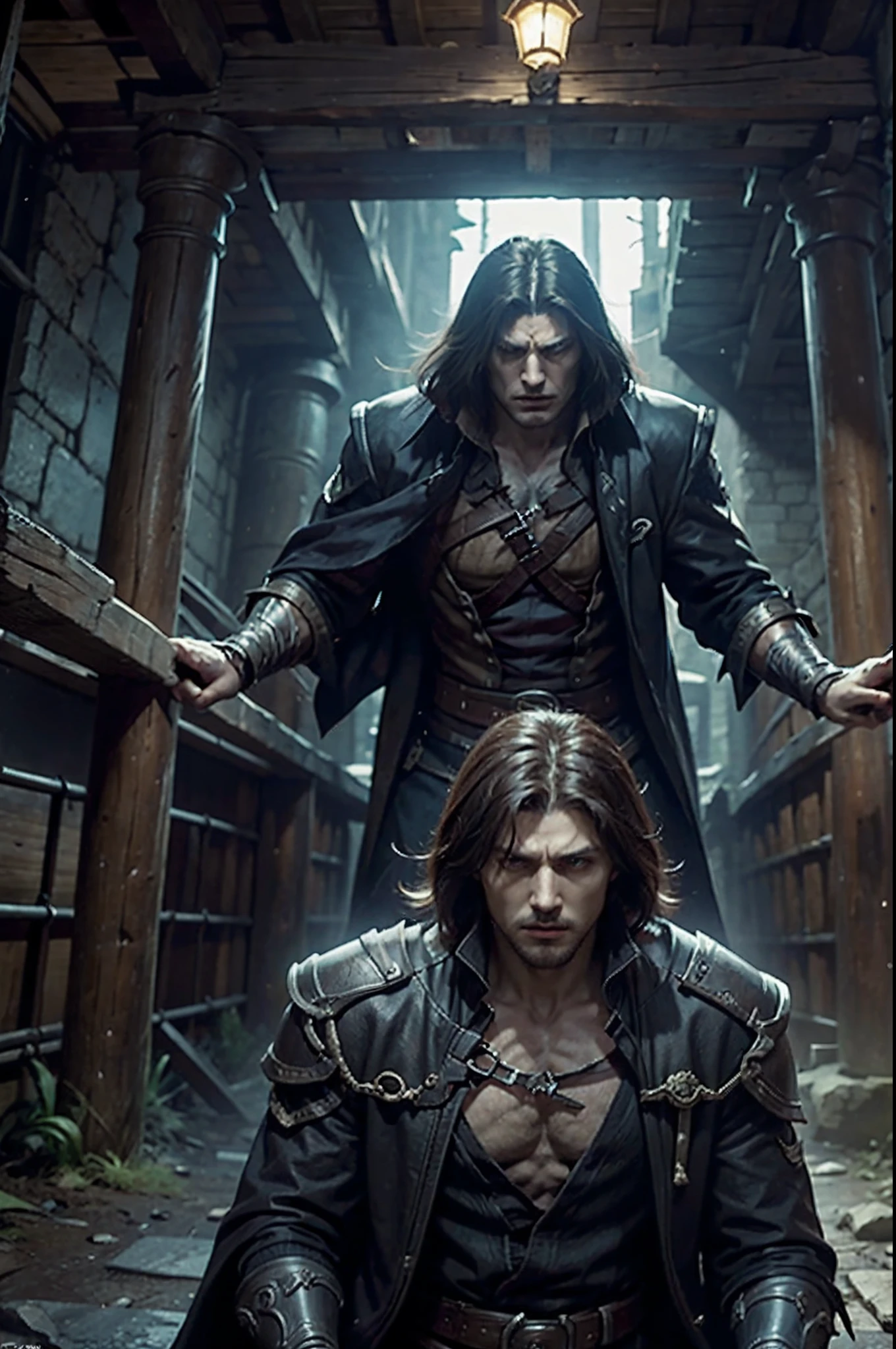Composez une description vivante du monde sombre et gothique de 'Castlevania: Lords of the Shadows.Explore the treacherous landscapes, Obsessive castles, and the epic battle between the Brotherhood of Light and the Dark Ones. Highlight the journey of protagonist Gabriel Belmont as he embarks on a quest to defeat evil and save the world from the grip of supernatural creatures. Plongez dans la riche narration du jeu, Action intense, and complex traditions that captivate players in this action-adventure masterpiece."Crisp details super super detailed hyper realistic very sharp details