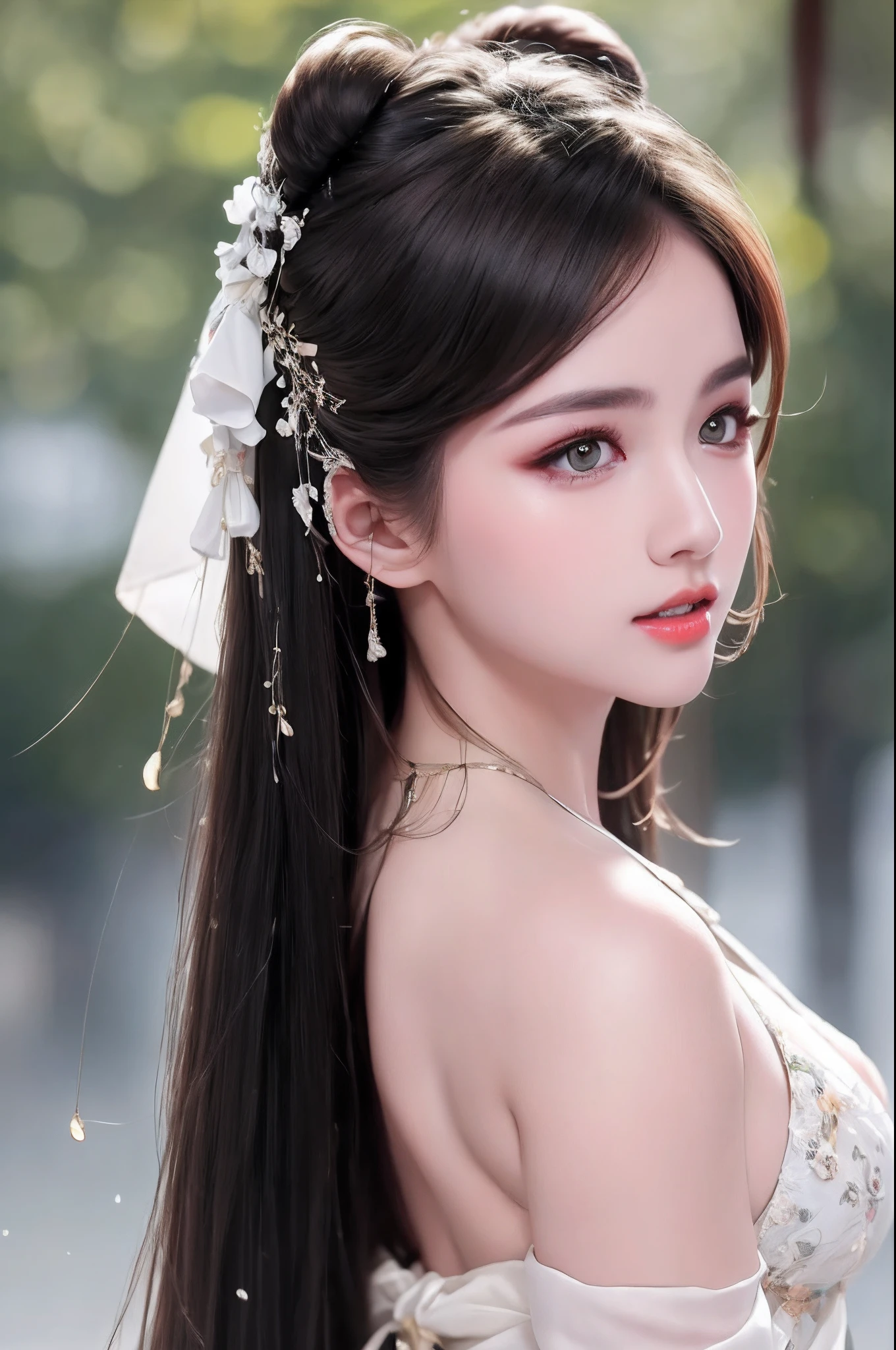 ((Best Quality, 8k, Masterpiece: 1.3)), Focus: 1.2, Perfect Body Beauty: 1.4, Buttocks: 1.2, ((Layered Haircut)), (Wet Clothes: 1.1), (Rain, Street:1.3), (Breasts: 1.2), (Hanfu: 1.2), Bare Shoulders, Bare Legs, Highly Detailed Face and Skin Texture, Fine Eyes, Double Eyelids, Whitened Skin, Long Hair, (Shut Up: 1.5), (Bokeh Background: 1.5), Big Breasts