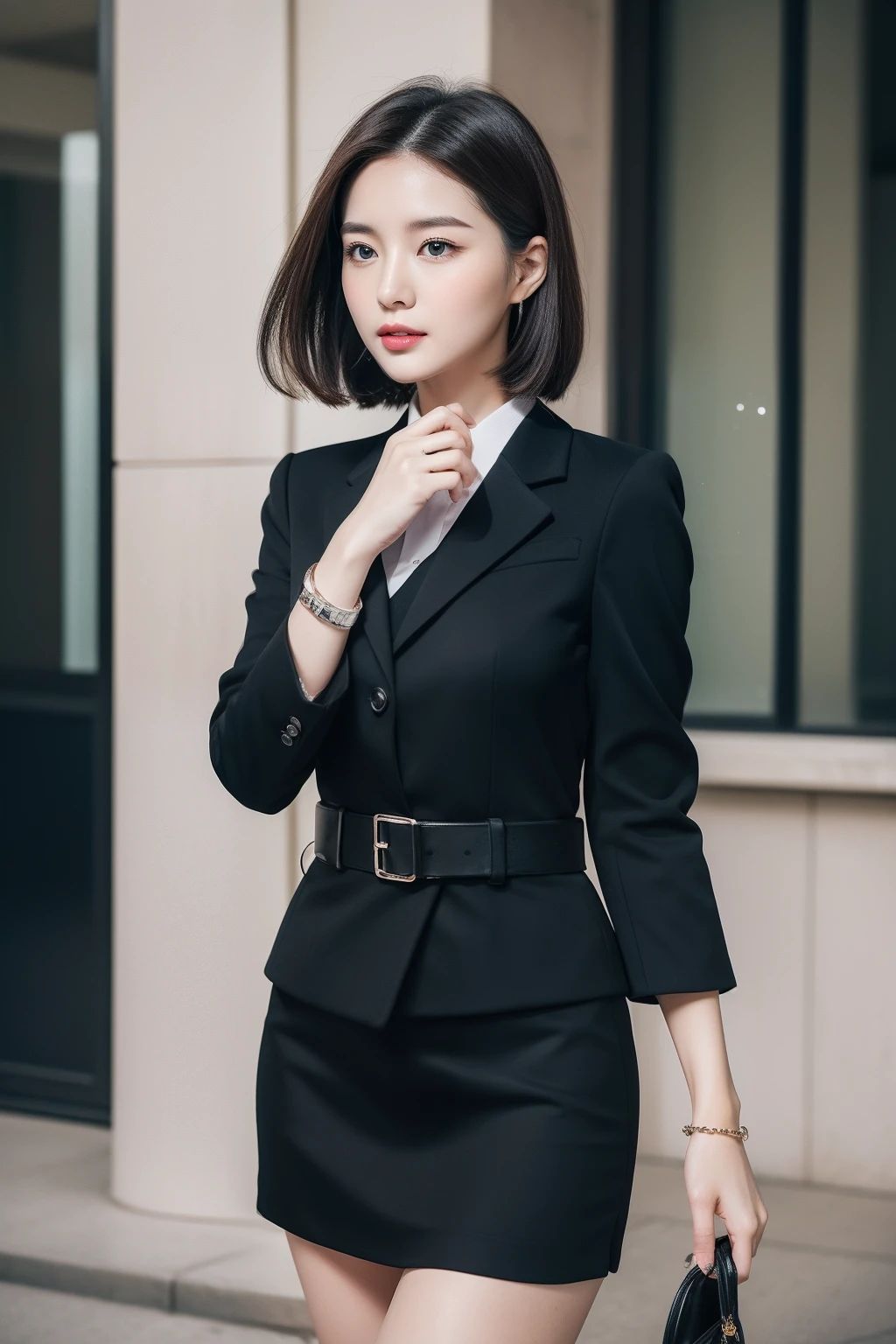 ulzang-6500-v1.1, (RAW photo:1.2), (Photorealistic:1.4), Beautiful detailed girl, Very detailed eyes and face, Beautiful detailed eyes, Super detailed, high resolution, Very detailed, Best quality, Full body street photography
外貌:
- Slender and curvy,Taller than normal,The tall figure stands out in the office。
- High nose bridge and well-defined features,Let her face radiate natural elegance and intelligence。
- Big shiny eyes,Bright as the stars,Reveals a dynamic glow。
- Smooth skin,Looks delicate and healthy,It adds a touch of mystery to her。
Makeup:
- Light and natural makeup,Highlight her native beauty,It makes people feel that she can confidently show her charm without too much embellishment。
- Slender and shaped eyebrows,Neatly outlined her eyes,Highlight her temperament and confidence。
- Apply light pink lipstick,Soft and charming,It adds a touch of playfulness。
clothes:
- High-quality professional wear,Cut to fit,Show her elegant and professional side。Classic black or dark gray suit with white shirt,It reflects her confidence and sense of authority。
- The slender and slim curve of the legs is accentuated in the well-fitting skirt or shorts,It gives an impression full of confidence and charm。
- Accessories are simple and sophisticated,For example, a carefully selected watch or necklace,Add a delicate touch to the overall look。