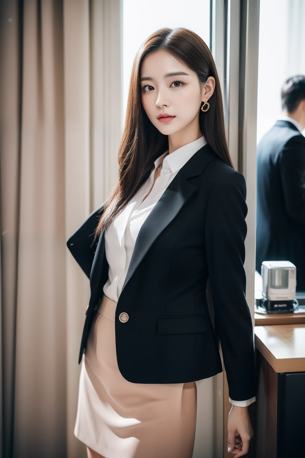 ulzang-6500-v1.1, (RAW photo:1.2), (Photorealistic:1.4), Beautiful detailed girl, Very detailed eyes and face, Beautiful detailed eyes, Super detailed, high resolution, Very detailed, Best quality, Full body street photography
外貌:
- Slender and curvy,Taller than normal,The tall figure stands out in the office。
- High nose bridge and well-defined features,Let her face radiate natural elegance and intelligence。
- Big shiny eyes,Bright as the stars,Reveals a dynamic glow。
- Smooth skin,Looks delicate and healthy,It adds a touch of mystery to her。
Makeup:
- Light and natural makeup,Highlight her native beauty,It makes people feel that she can confidently show her charm without too much embellishment。
- Slender and shaped eyebrows,Neatly outlined her eyes,Highlight her temperament and confidence。
- Apply light pink lipstick,Soft and charming,It adds a touch of playfulness。
clothes:
- High-quality professional wear,Cut to fit,Show her elegant and professional side。Classic black or dark gray suit with white shirt,It reflects her confidence and sense of authority。
- The slender and slim curve of the legs is accentuated in the well-fitting skirt or shorts,It gives an impression full of confidence and charm。
- Accessories are simple and sophisticated,For example, a carefully selected watch or necklace,Add a delicate touch to the overall look。
