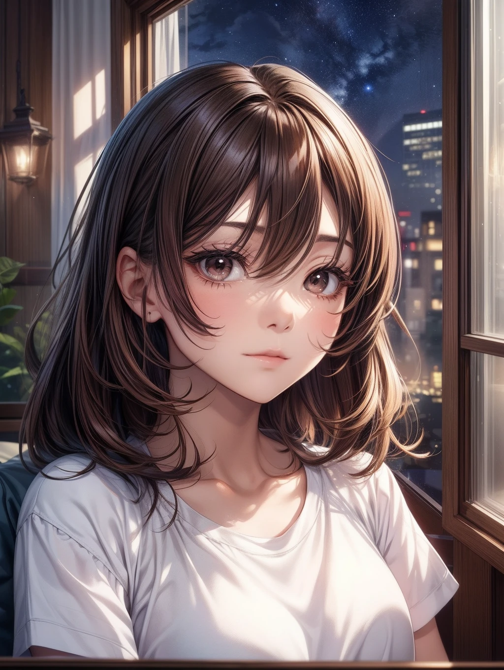 Best Quality, masutepiece, beautiful mature women、Beautiful face、Strong-minded woman、((Small eyes))、tshirts、brown haired、Brown-eyed、Longhaire、Undersized eyes、I can see the night sky from the window at home、((The dim))、sleepy