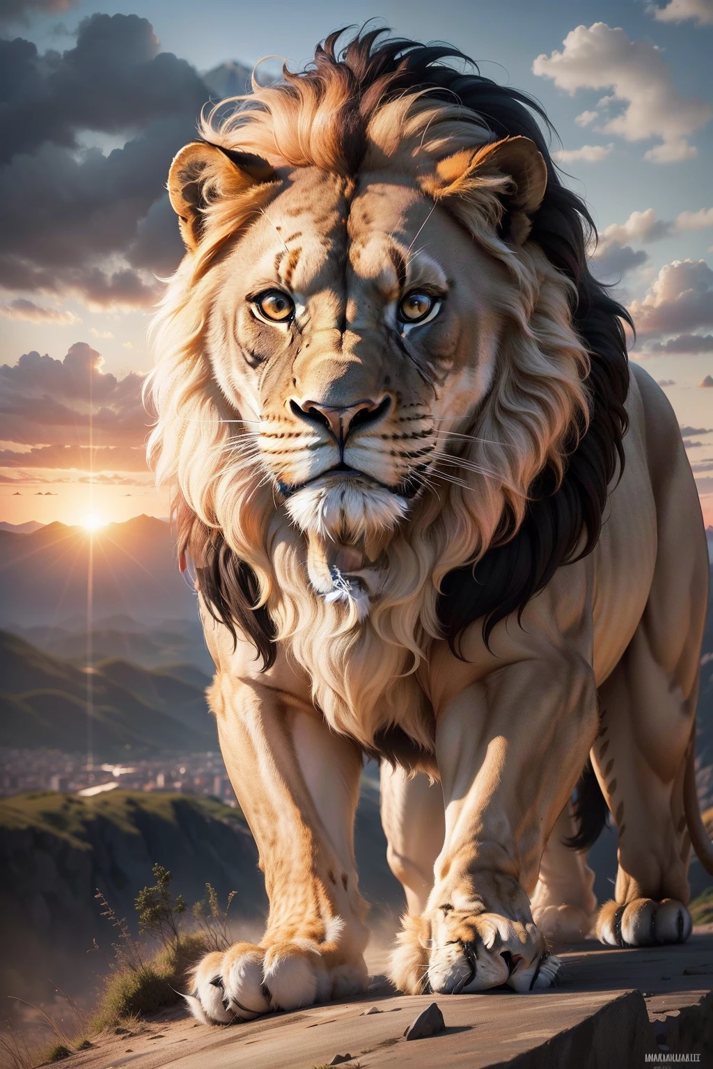 A spectacular lion, grande, forte, brilhante, com sua juba voando, em cima da montanha ao por do sol, from the lateral position, ultra realista, melhor qualidade, 4k