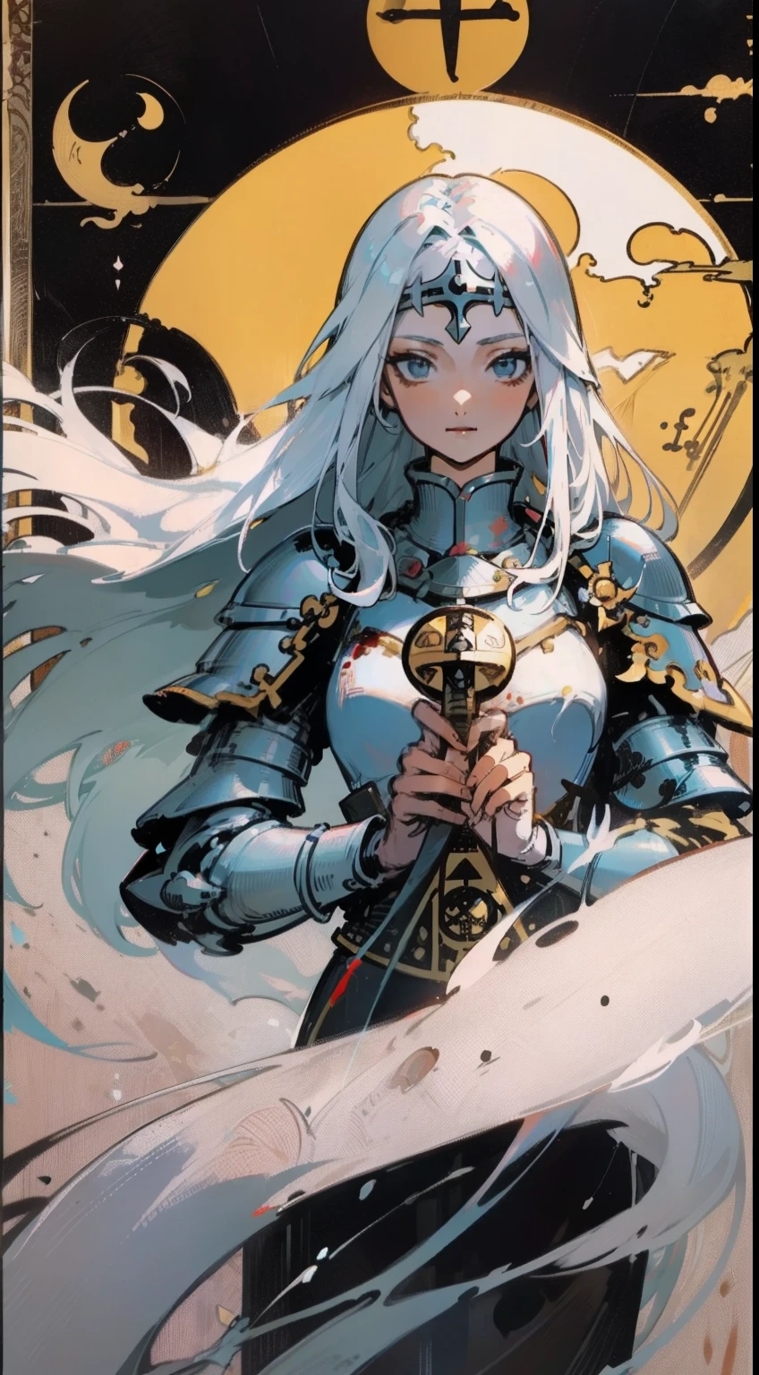 (Masterpiece, Best quality;1.3),(tarot cards:1.2), 1female,female-focus,long  white hair, Young, Beautiful face, crusader, Armor,Solo, view the viewer, calligraphy characters, symetrical composition, long shadow, cloody moon,blood splattere, Ultra detailed