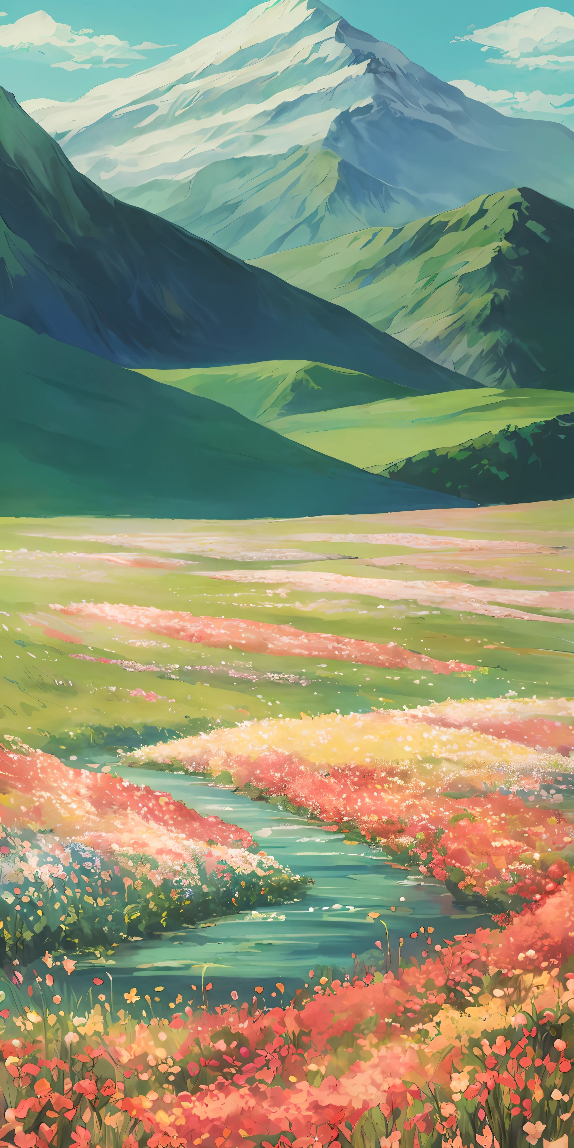 Masterpiece, highest quality, radiant flowery field between two mountains, tarot card style illustration, pure water river, few clouds, in the style of scenery, no humans, no girl, no boy, no man, no woman