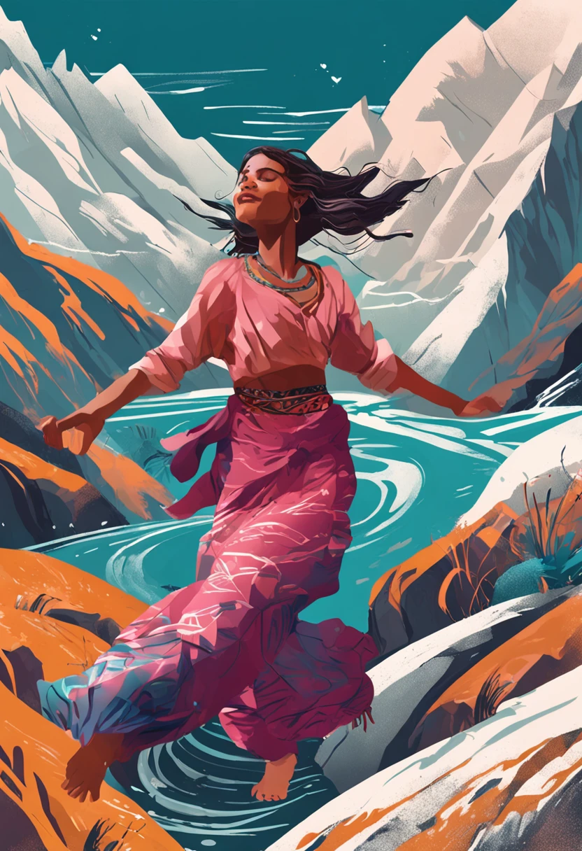 High mountains and flowing water，A young girl dances