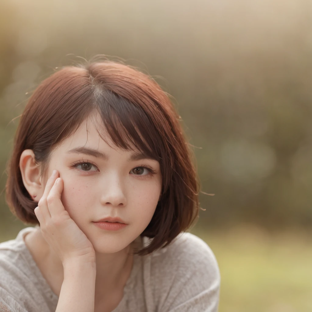 Americana、drooing eyes、Short hairstyle、 girl、A dark-haired、short-haired、Embarrassed face、Autumn landscape、Hair illuminated by the sun、hitornfreckles