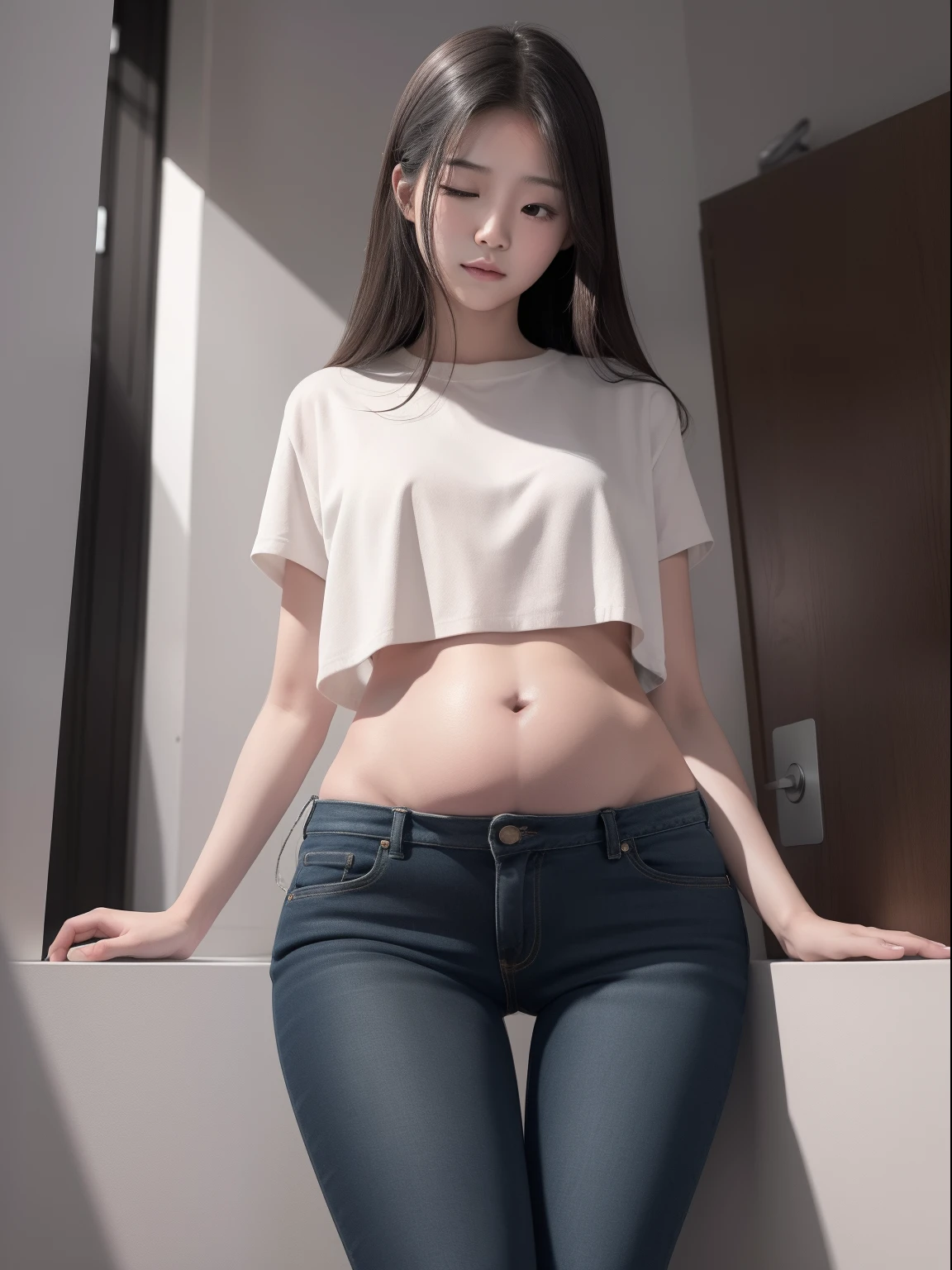(photorealistic),(masterpiece),(ultra-detailed),a close view of Pretty and very sexy one korean girl with her legs tightly crossed wearing very tight and very sexy black jeans covering the entire leg and bra and aged about 20's standing up barely enduring with a very full bladder with more than 10L in it but at her limit and about to explode, bladder and abdomen expanded like a sphere as big as her, lower abdomen and bladder about to pop, ,intensively holding pee,bladder so full that lower abdomen looking like 20 months pregnant with 20 kids, legs tighly fully crossed, legs double-crossed, both hands clamped tightly between the thighs, wet skin, sweating very much, body looking left, no belly fat, both hands on the crotch, generate full body, legs tightly double fully crossed,lower abdomen expanded like fully pregnant but smooth-rounded, fully crossed legs, feeling pain, wearing sneakers, cheeks blushed red, feeling high,wearing very tight black jeans covering entire legs,girl's legs tightly fully crossed doubly,girl's legs fully crossed tightly,very nervous,legs crossed over tightly, feeling pain,one leg on the other leg,hands jammed to the crotch, leg crossed tightly,feeling pain but enduring,using all her strength to hold pee,doing anything to hold pee,eyes slightly closed,slightly afraid,barely holding pee from bursting out,image of girl's zoomed bladder on the corner,(close view of crotch in front of the crotch ),(view very close from the crotch),standing up