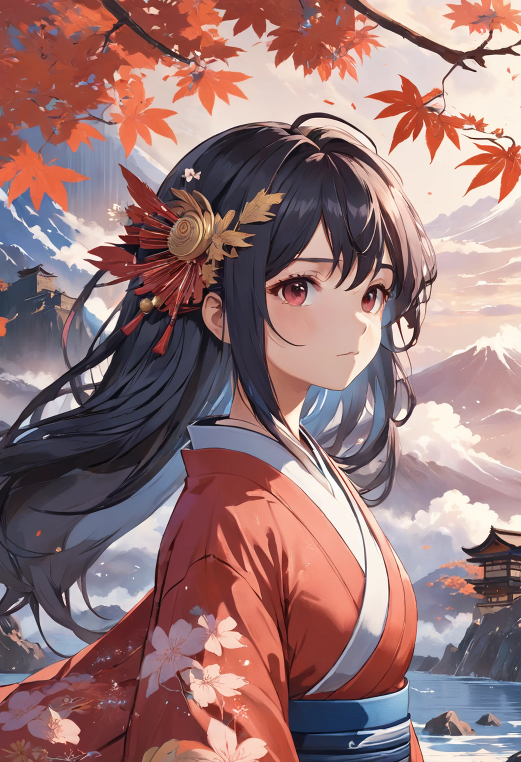 (extremely detailed CG unity 16k wallpaper:1.1), (Denoising strength: 1.45), (tmasterpiece:1.37), {{{Ukiyo-e_style}}}, {{flat_style}}, {simple_colors}, {{{masterpiece}}}, {katsushika_hokusai}, long_hair, hair_flower, {{black_hair}}, red_eyes, red_sky, {chinoiserie}, {{{best_quality}}}, kimono, {{ultra-detailed}}, {illustration}, Maple_leaves_flying, {{1girl}}, {{{solo}}}, {{an_extremely_delicate_and_beautiful}}, blank_stare, close_to_viewer, {breeze}, {Flying_splashes}, {Flying_petals}, wind, {Gorgeous and rich graphics}, god rays, sparkle, glowing light