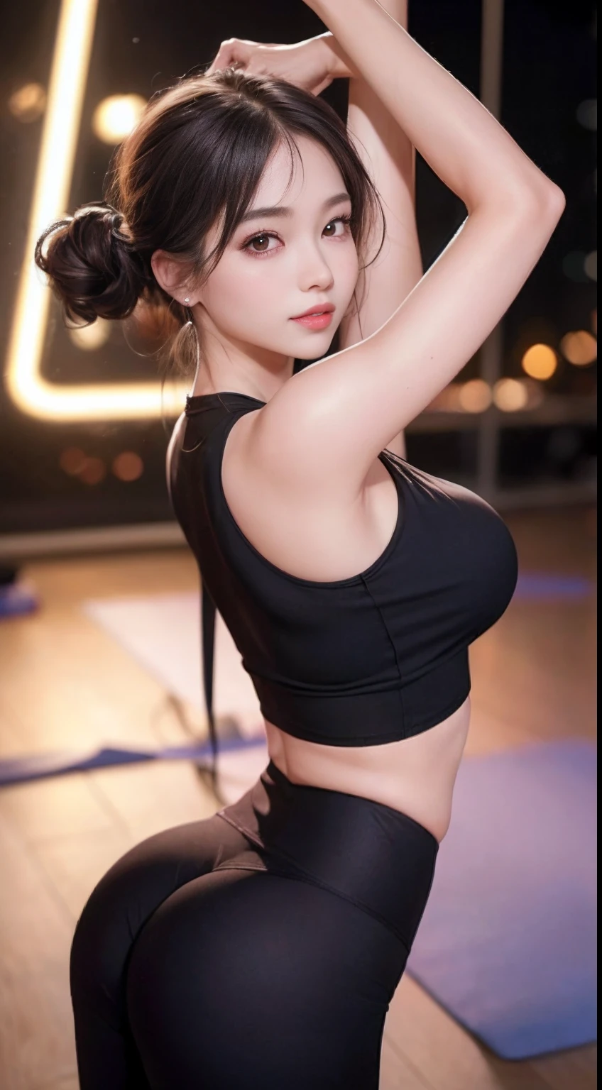 8K, Masterpiece, RAW photo, Best quality, Photorealistic, Extremely detailed CG unifies 8K, 8K, Diamond, and wallpaper, Depth of field, Cinematic light, Lens flare, Ray tracing, (Extremely beautiful face, Beautiful lips, Beautiful eyes), intricate detail face, ((ultra detailed skin)) 1girll, In the dark, deepshadow, Pretty Korean girl, Kpop idol, 1 girl, (Very slim and slender muscular body:1.3), ((view the viewer)),(Big smile:1.3), (Tight lace-up blouse), (Pink shirt), (Sleeveless) , (Fashion night, Dark night, (neon lights sign), (Blurred background), Fashion Street Night),(No one is in the background:1.3), Beautiful earrings, bangle, necklace, Pantyhose, Clear eyes, (Pale skin), (Big eyes), Face forward, ((upperbody shots)), ((Yoga pants for:1.3)),(brown hairs),((Tight Yoga Pants)), (see through), (view the viewer:1.3) ,Very slim, Medium breasts, Turn Back, Peach buttocks,Back shot, ((see through)), underwear, Turn Back, ((Back shot)),Tight yoga attire,Big buttocks,Peach buttocks,