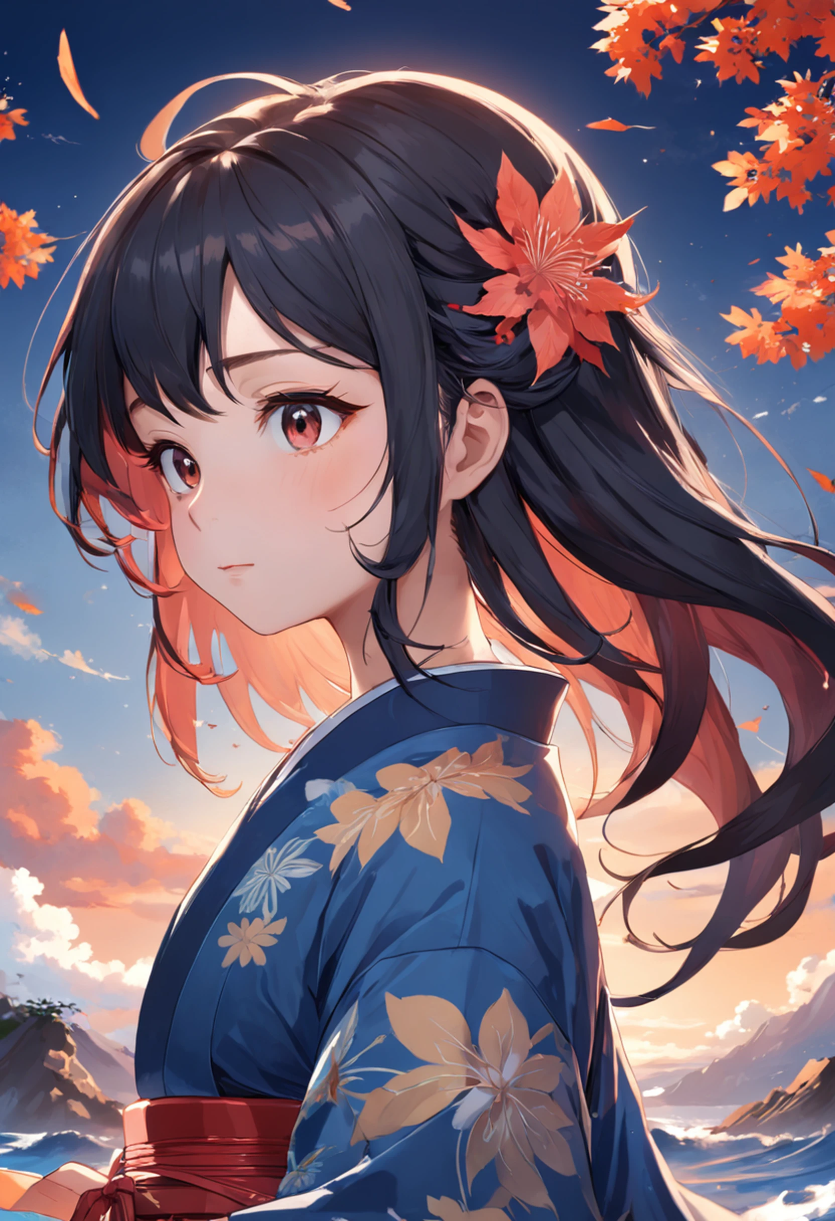 (extremely detailed CG unity 16k wallpaper:1.1), (Denoising strength: 1.45), (tmasterpiece:1.37), {{{Ukiyo-e_style}}}, {{flat_style}}, {simple_colors}, {{{masterpiece}}}, {katsushika_hokusai}, long_hair, hair_flower, {{black_hair}}, red_eyes, red_sky, {chinoiserie}, {{{best_quality}}}, kimono, {{ultra-detailed}}, {illustration}, Maple_leaves_flying, {{1girl}}, {{{solo}}}, {{an_extremely_delicate_and_beautiful}}, blank_stare, close_to_viewer, {breeze}, {Flying_splashes}, {Flying_petals}, wind, {Gorgeous and rich graphics}, god rays, sparkle, glowing light