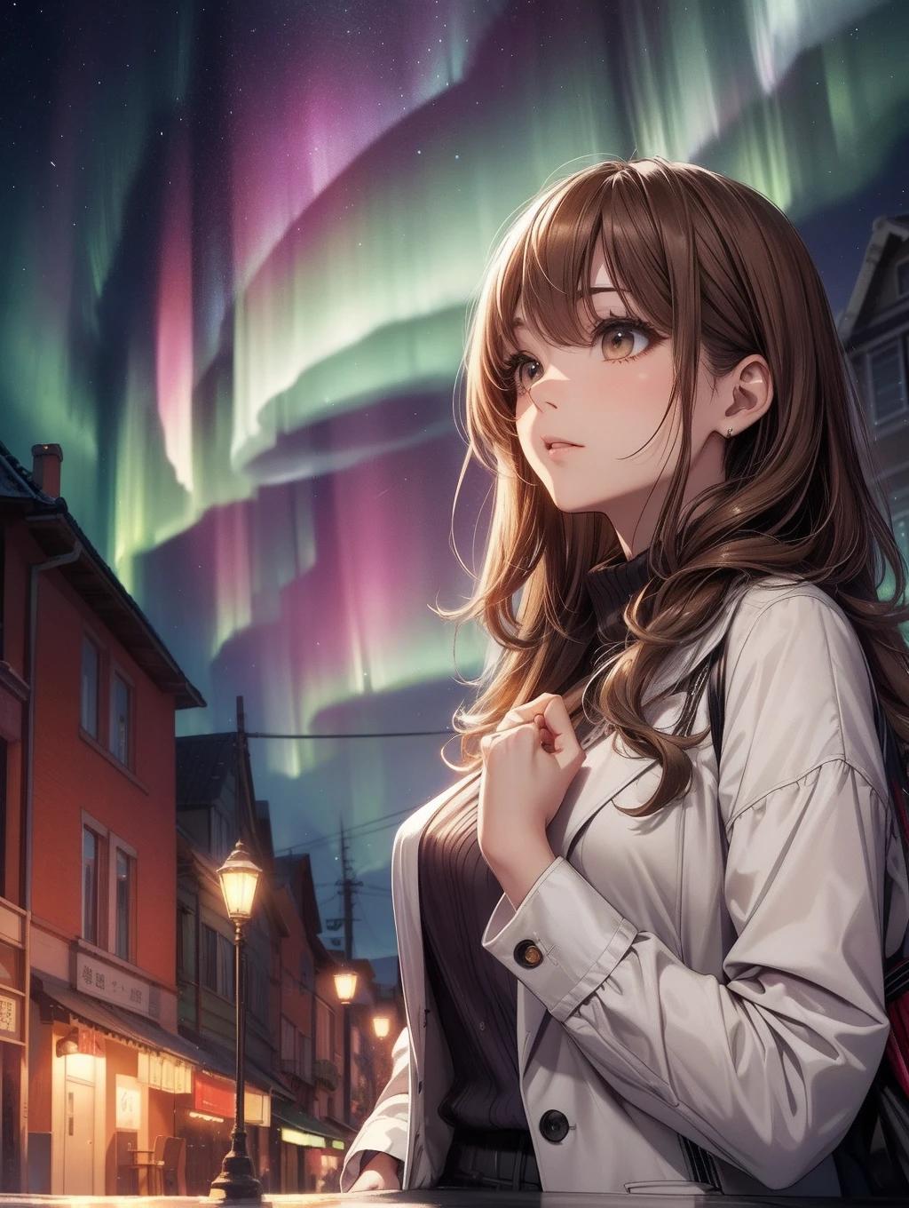 Best Quality, masutepiece,Aurora、Looking up at the Northern Lights、The background is a park、during night、Street lamp 1、beautiful mature women、Beautiful face、Strong-minded woman、brown haired、Brown-eyed、Longhaire、((Undersized eyes))、Full body like、Office Suits、I hear insect voices