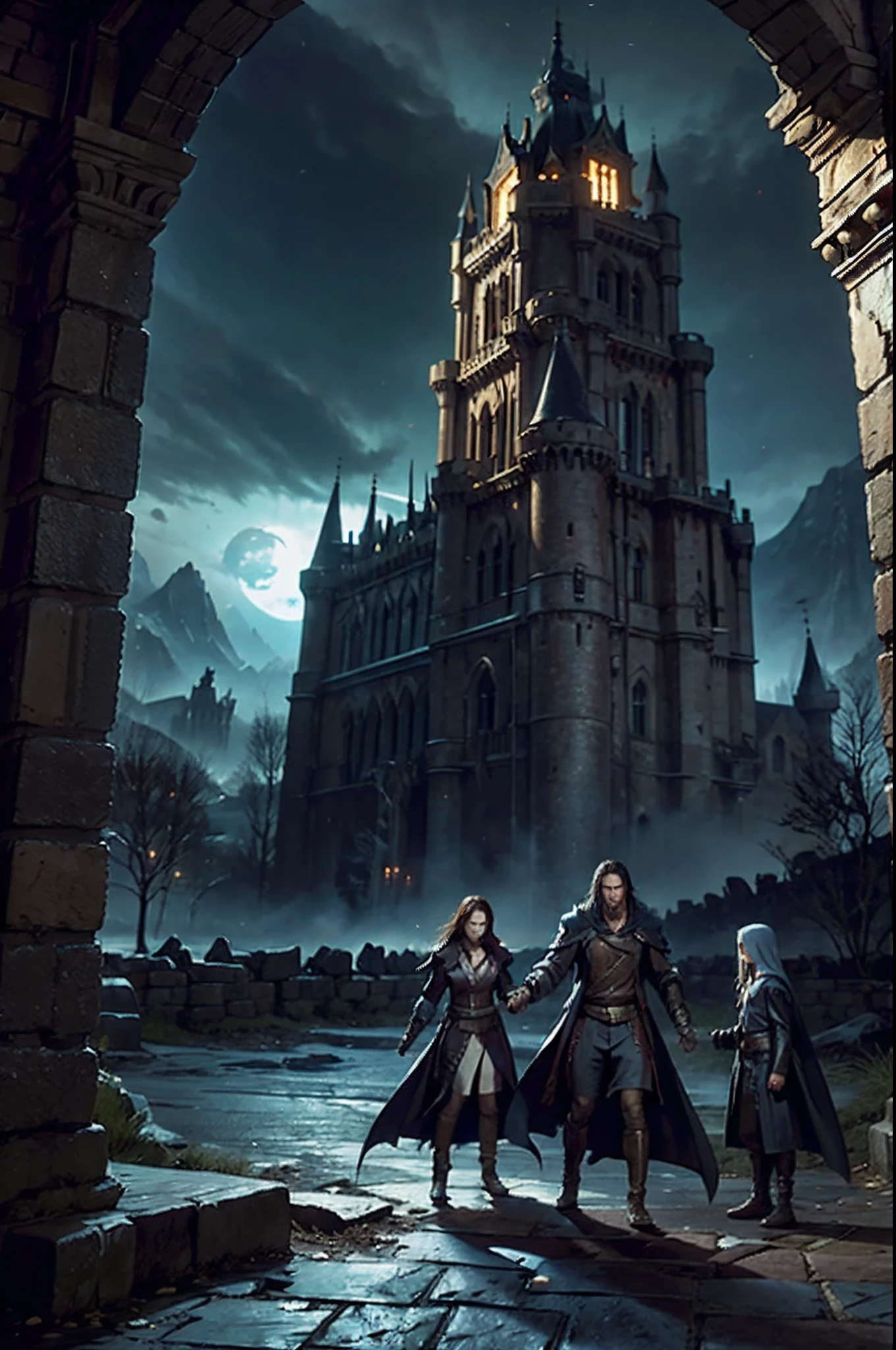Composez une description vivante du monde sombre et gothique de 'Castlevania: Lords of the Shadows.Explore the treacherous landscapes, Obsessive castles, and the epic battle between the Brotherhood of Light and the Dark Ones. Highlight the journey of protagonist Gabriel Belmont as he embarks on a quest to defeat evil and save the world from the grip of supernatural creatures. Plongez dans la riche narration du jeu, Action intense, and complex traditions that captivate players in this action-adventure masterpiece."Crisp details super super detailed hyper realistic very sharp details