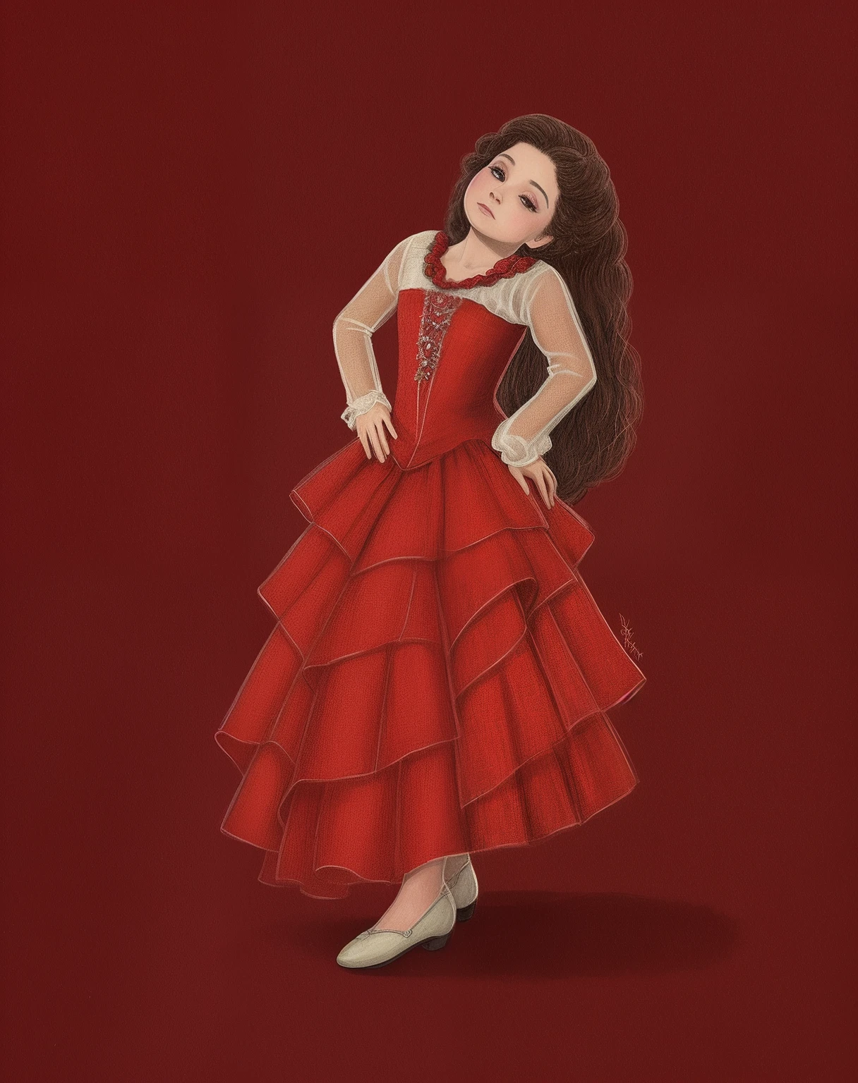 um desenho de uma mulher em um vestido vermelho com uma flor em seu cabelo, Por Reyna Rochin, folkloric illustration, estilo de arte disney, Tema carmesim, arte digital. @mariomaniacdude, Phtoto em tons de cinza com vestido vermelho, Carmen canta lindamente, vestido detalhado e rosto, Directed by: Tom Wänerstrand, usa um vestido vermelho