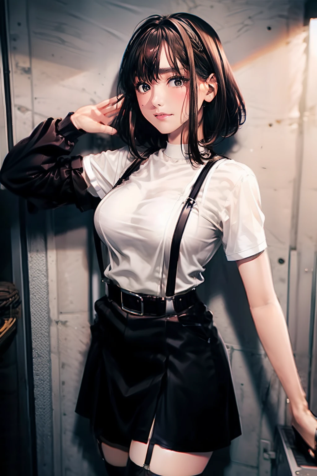 Black skirt, Cutter shirt suspenders, Brown hair Gray eyes, Garter belt on the legs, a belt Armpit sweat deadpan large full breasts short-cut suits