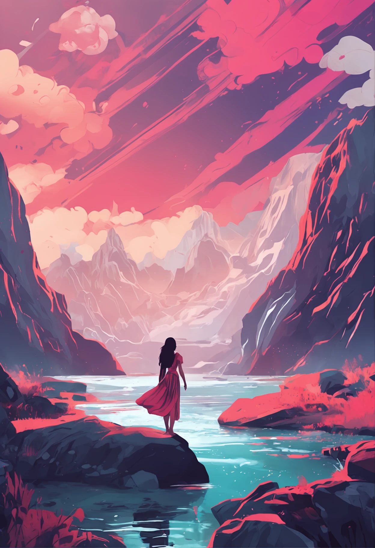High mountains and flowing water,A young girl dances