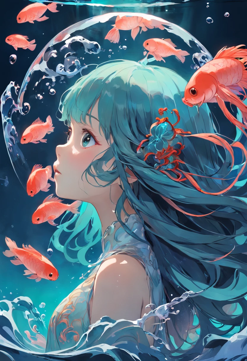 ((masterpiece,best quality)),(negative space:1.2),(1girl, solo:1.4),美丽细致的眼睛,floated hair,under the water,Buble,The fish,(jelly fish),fluorescence,Turtlen,sea weed,Water composed of girls,Gorgeous Chinese costumes,clean backdrop,National tide wind,clouds,wave,Eau,wave,Water Technique,1girll,Flying long hair,florals,An oriental dragon composed of water,Cyan and white,Works of masters,HighestQuali,high detal,8K