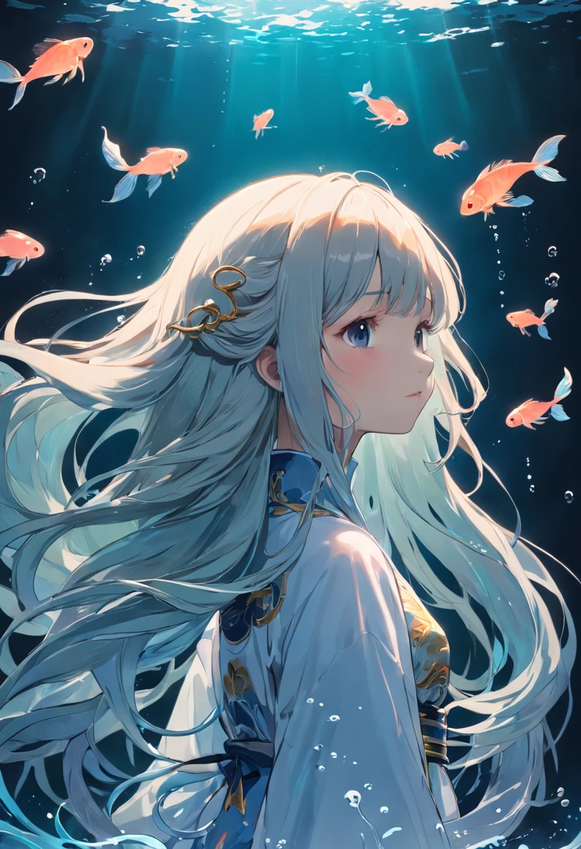 ((masterpiece,best quality)),(negative space:1.2),(1girl, solo:1.4),美丽细致的眼睛,floated hair,under the water,Buble,The fish,(jelly fish),fluorescence,Turtlen,sea weed,Water composed of girls,Gorgeous Chinese costumes,clean backdrop,National tide wind,clouds,wave,Eau,wave,Water Technique,1girll,Flying long hair,florals,An oriental dragon composed of water,Cyan and white,Works of masters,HighestQuali,high detal,8K
