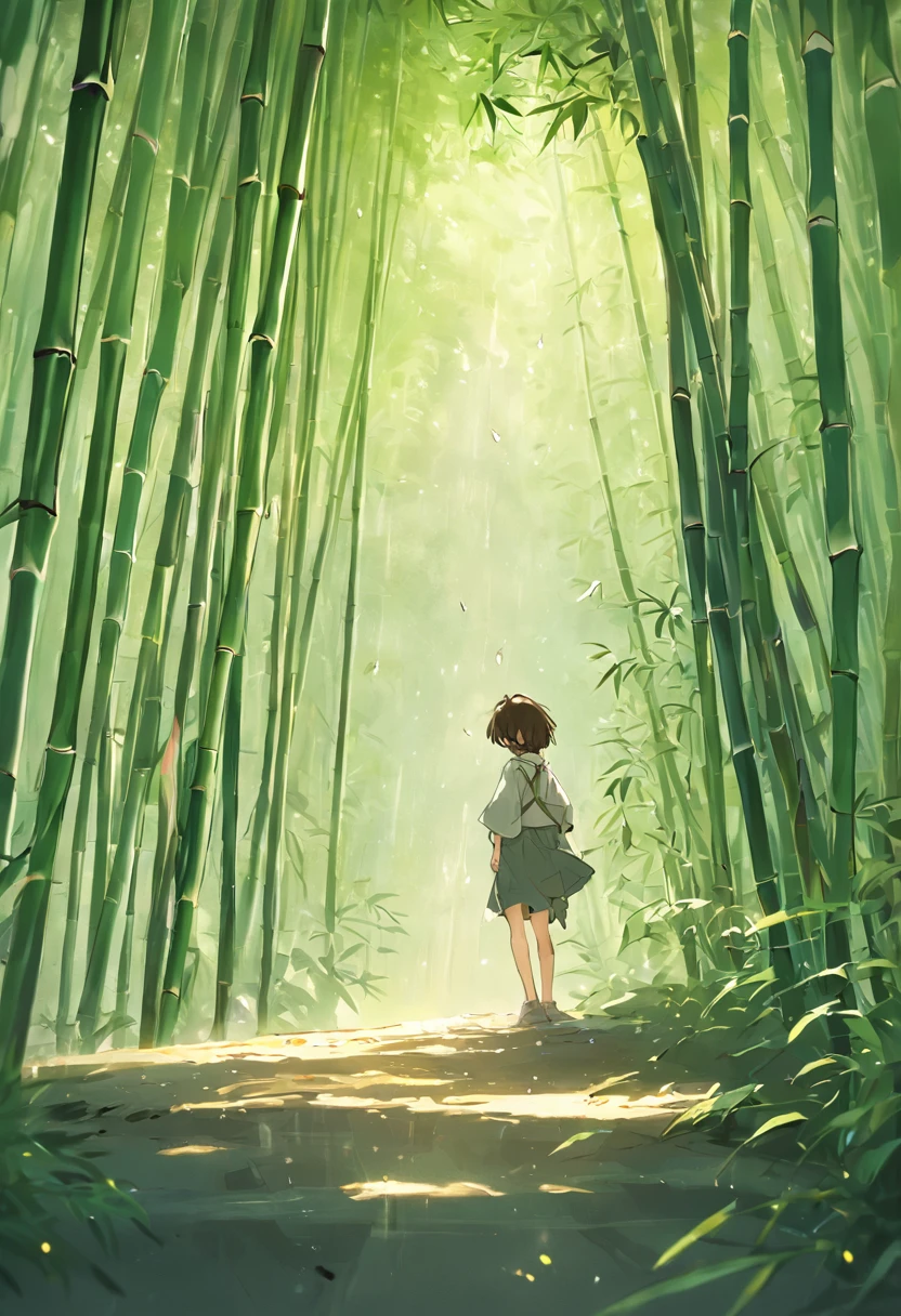 bamboo forrest,Creek in front of the cottage,The family frolicked in the courtyard,The picture is a shocking look up,4k画质,Cinematic lighting effects,Tyndall Light,Rich in color.