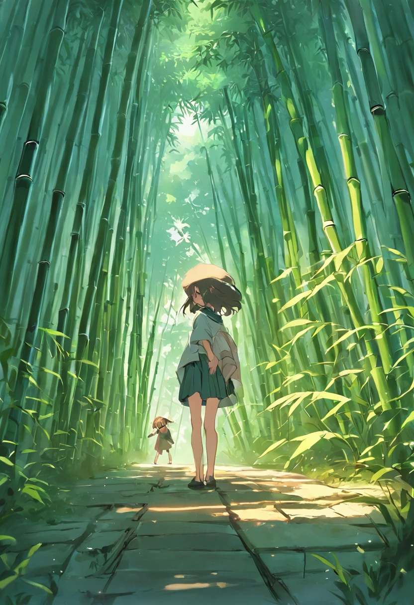 bamboo forrest,Creek in front of the cottage,The family frolicked in the courtyard,The picture is a shocking look up,4k画质,Cinematic lighting effects,Tyndall Light,Rich in color.