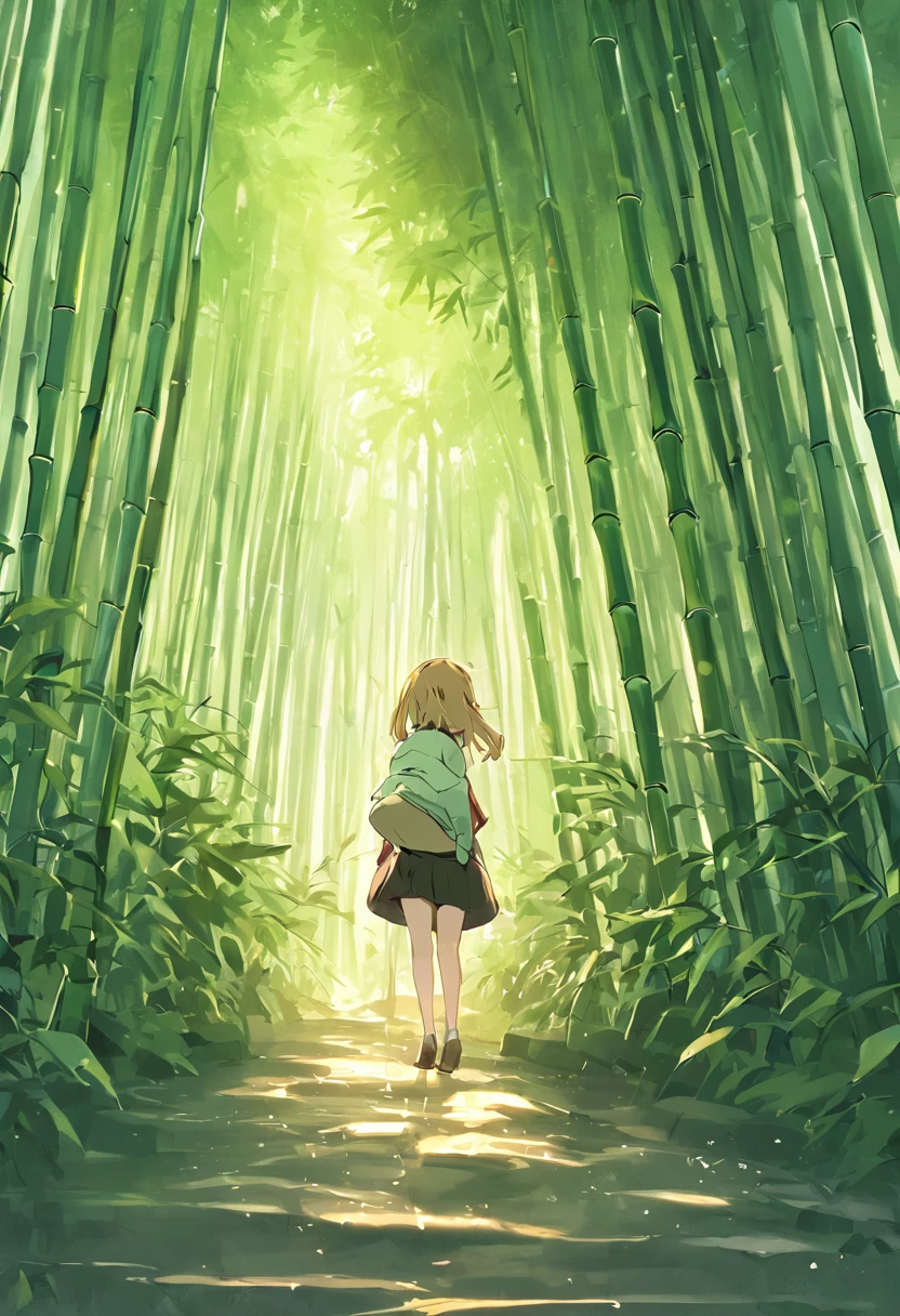 bamboo forrest,Creek in front of the cottage,The family frolicked in the courtyard,The picture is a shocking look up,4k画质,Cinematic lighting effects,Tyndall Light,Rich in color.