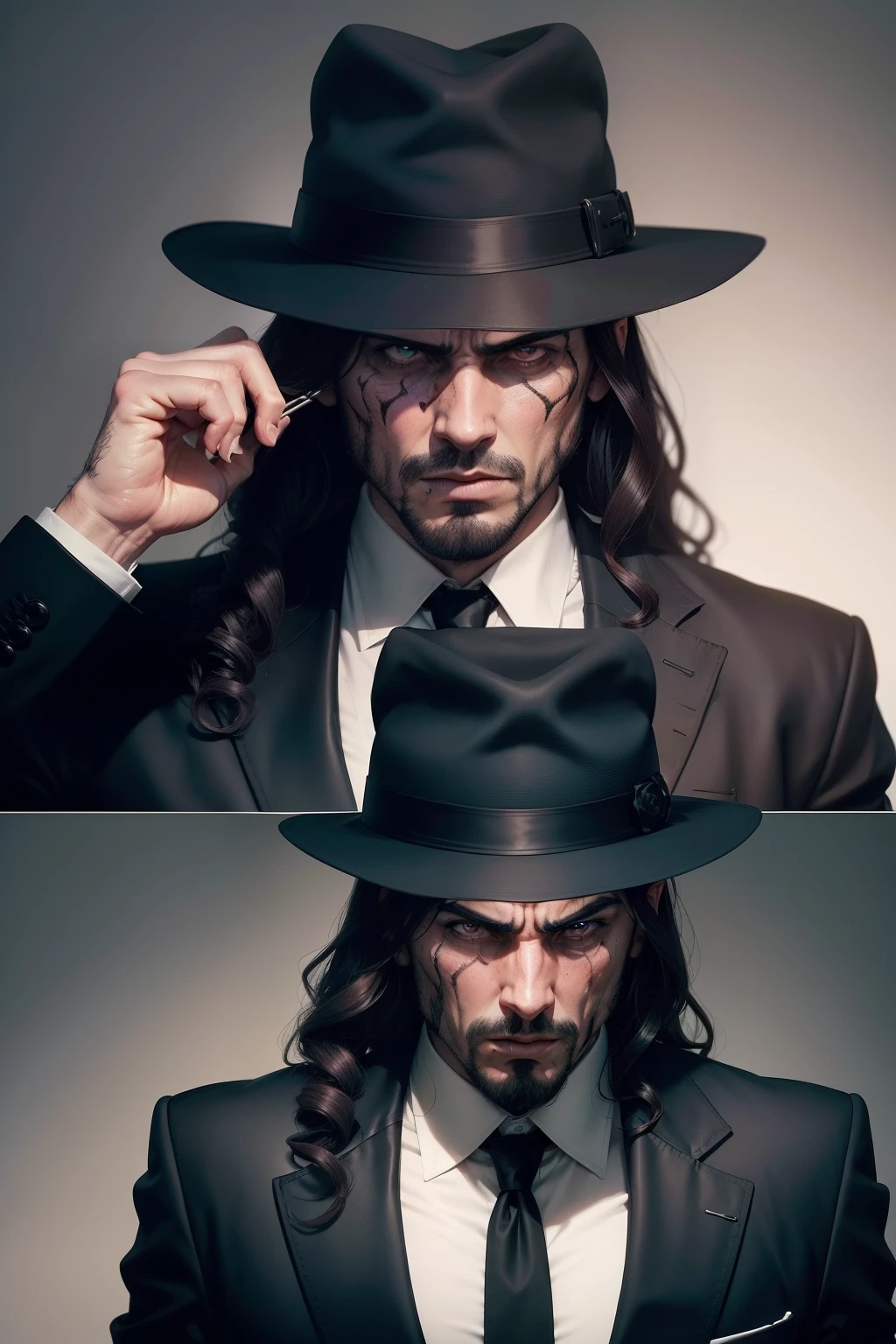 mafia man carm & terror on the face but in a realistic human in form of anime contant inclunid this person face in 4k resulation. the face of the mafia should be lookalink the peron in this image with and tooth pick in mouth with full body view