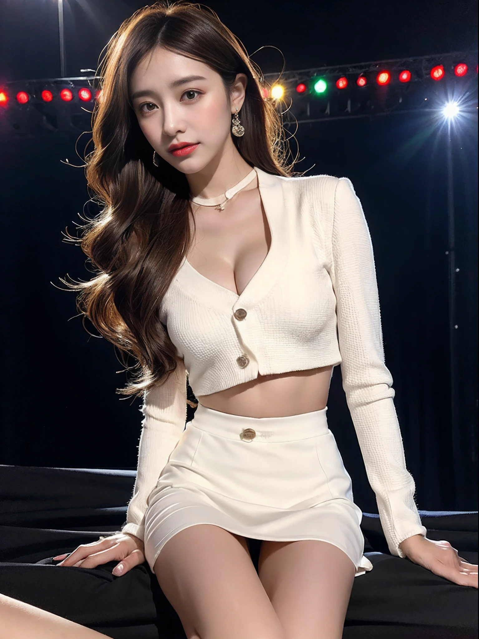 8K, Best Quality, Ultra High Definition, Masterpiece, Realistic, Photorealistic, High Contrast, Photon Mapping, Realistic, Ultra Detail, Low Angle: 1.3, 1 Girl, Solo: 1.5, Full Body, Night Concert Venue Stage, KPOP Star, KPOP Idol, KPOP Outfit, Sexy, Fancy Makeup, Blazer: 1.2, Short Skirt: 1.2, Blouse, Raw legs, high heels, 100 degree open legs: 1.5, М legs, crotch open: 1.5, long brown hair, see-through wet white panties: 1.5, panties visible from under the skirt: 1.3, tall, height is 170 cm, long legs: 1.2, small breasts, beautiful face: 1.2, detailed female pubic shape is clearly visible: 1.3, pubic hair: 1.3, no panties:1.3、textured skin
