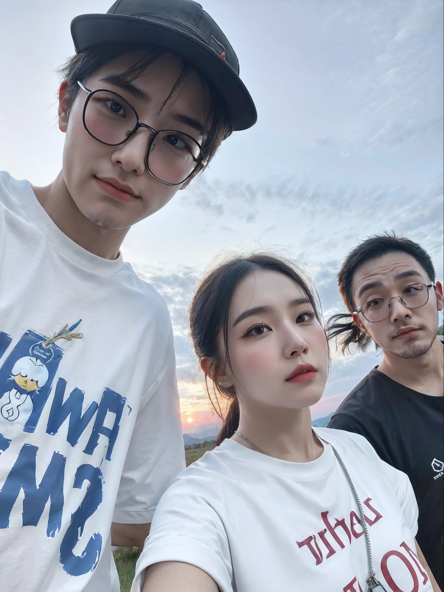 Three people standing together in a field with a sky background, 8K selfie photos, With sunset, vacation photo, very very low quality picture, photograph taken in 2 0 2 0, zmonzheng, with many travelers, Avatar image, taken on go pro hero8, Li Zixin, jinyiwei, 8K)), with a sunset