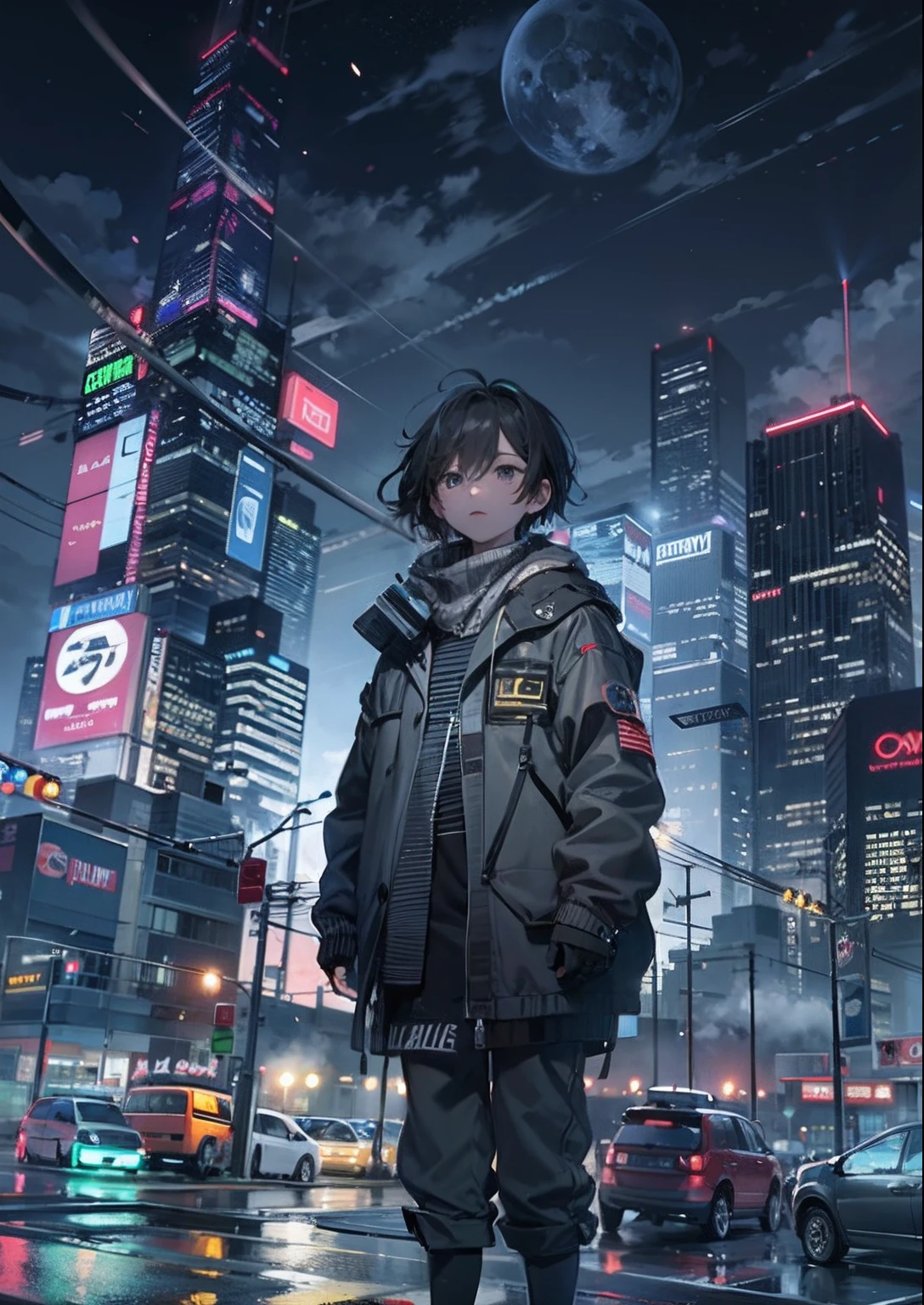 1boy,12 only、FULL BODYSHOT、The beginning of the adventure、Very dark sky、Lots of clouds,heavy fog、starrysky、Big Moon,Chaotic city of the future、dystopian、blimp、A group of very tall skyscrapers stands in the center、High-brightness radio tower、Crowded skyscrapers、street signs、streetlights、taxis、buses、Train、Pretty dim lighting、Dark road、puddles、Chaotic、fantastic landscape、hightquality、masutepiece,in 8K、hight resolution、