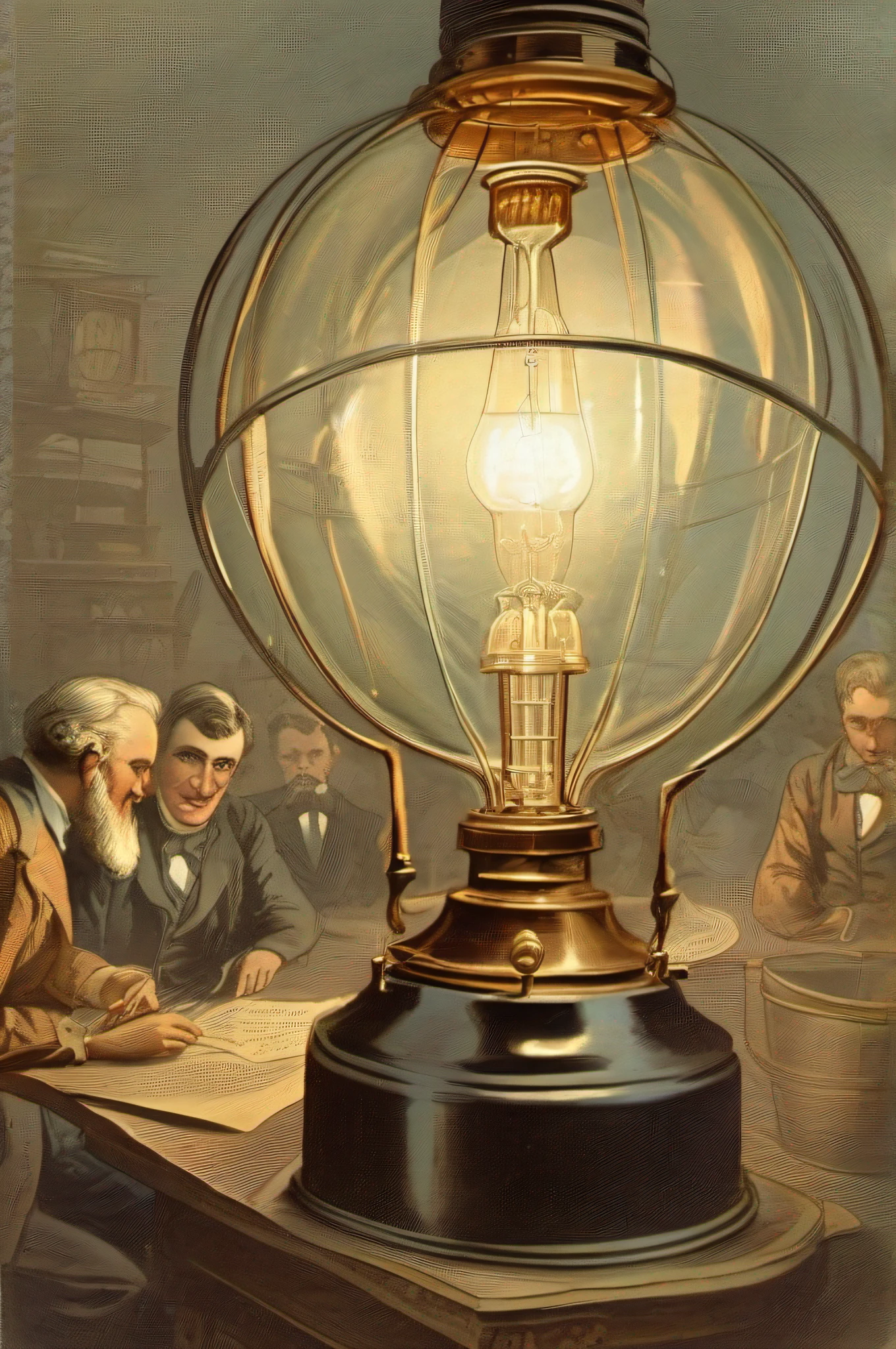 Color vintage illustration celebrating Joseph Swan's successful early demonstration of a working incandescent light bulb in 1878.