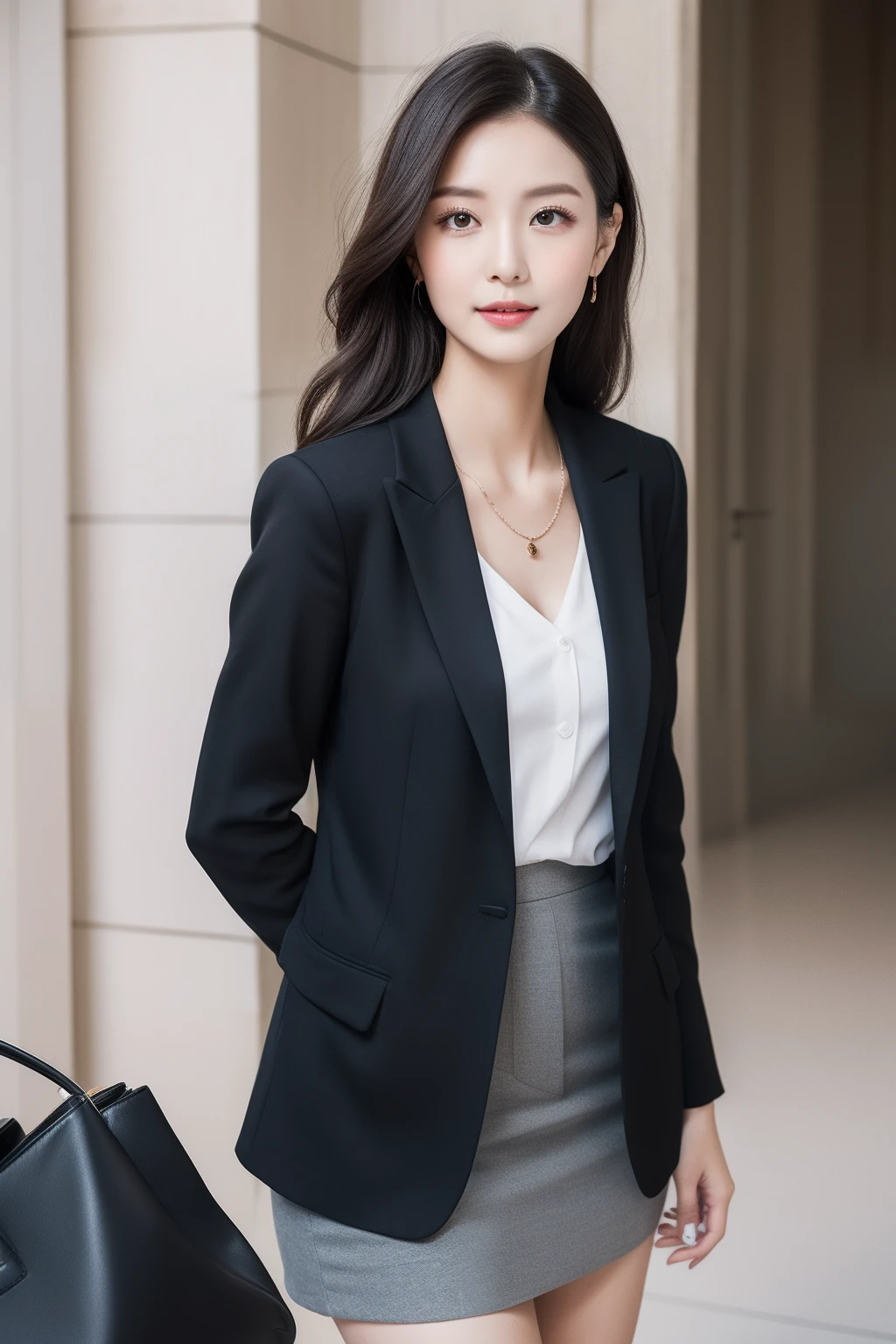 ulzang-6500-v1.1, (RAW photo:1.2), (Photorealistic:1.4), Beautiful detailed girl, Very detailed eyes and face, Beautiful detailed eyes, Super detailed, high resolution, Very detailed, Best quality, Full body street photography
外貌:
- Slender and curvy,Taller than normal,The tall figure stands out in the office。
- High nose bridge and well-defined features,Let her face radiate natural elegance and intelligence。
- Big shiny eyes,Bright as the stars,Reveals a dynamic glow。
- Smooth skin,Looks delicate and healthy,It adds a touch of mystery to her。
Makeup:
- Light and natural makeup,Highlight her native beauty,It makes people feel that she can confidently show her charm without too much embellishment。
- Slender and shaped eyebrows,Neatly outlined her eyes,Highlight her temperament and confidence。
- Apply light pink lipstick,Soft and charming,It adds a touch of playfulness。
clothes:
- High-quality professional wear,Cut to fit,Show her elegant and professional side。Classic black or dark gray suit with white shirt,It reflects her confidence and sense of authority。
- The slender and slim curve of the legs is accentuated in the well-fitting skirt or shorts,It gives an impression full of confidence and charm。
- Accessories are simple and sophisticated,For example, a carefully selected watch or necklace,Add a delicate touch to the overall look。