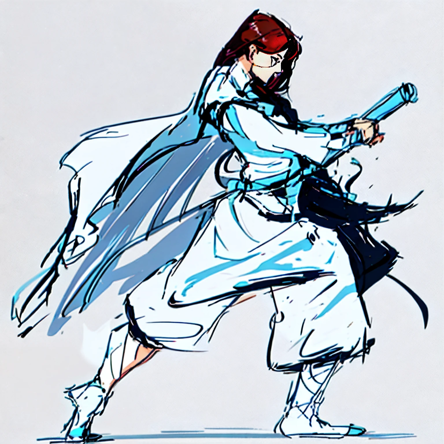 a drawing，A woman in a long coat holding a sword, Fighting stance, Line sketch, Character design sketch, concept character, fighter pose, quick sketch, character concept, Rough sketch, Fighting posture, Fighting posture, in a fighting stance, concept art sketch, concept art of a monk, sketchy artstyle, old sketch, fightingpose, concept art character